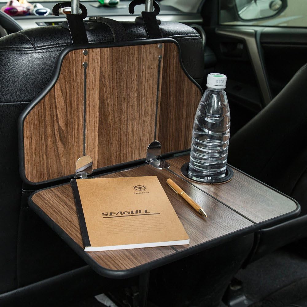 FMS Multi-Functional Car Back Seat Folding Table Wooden Table Portable Foldable Vehicle Seat Back Table Tray, Laptop Notebook Deck, Food Desk and Cup Holder(Gloden)