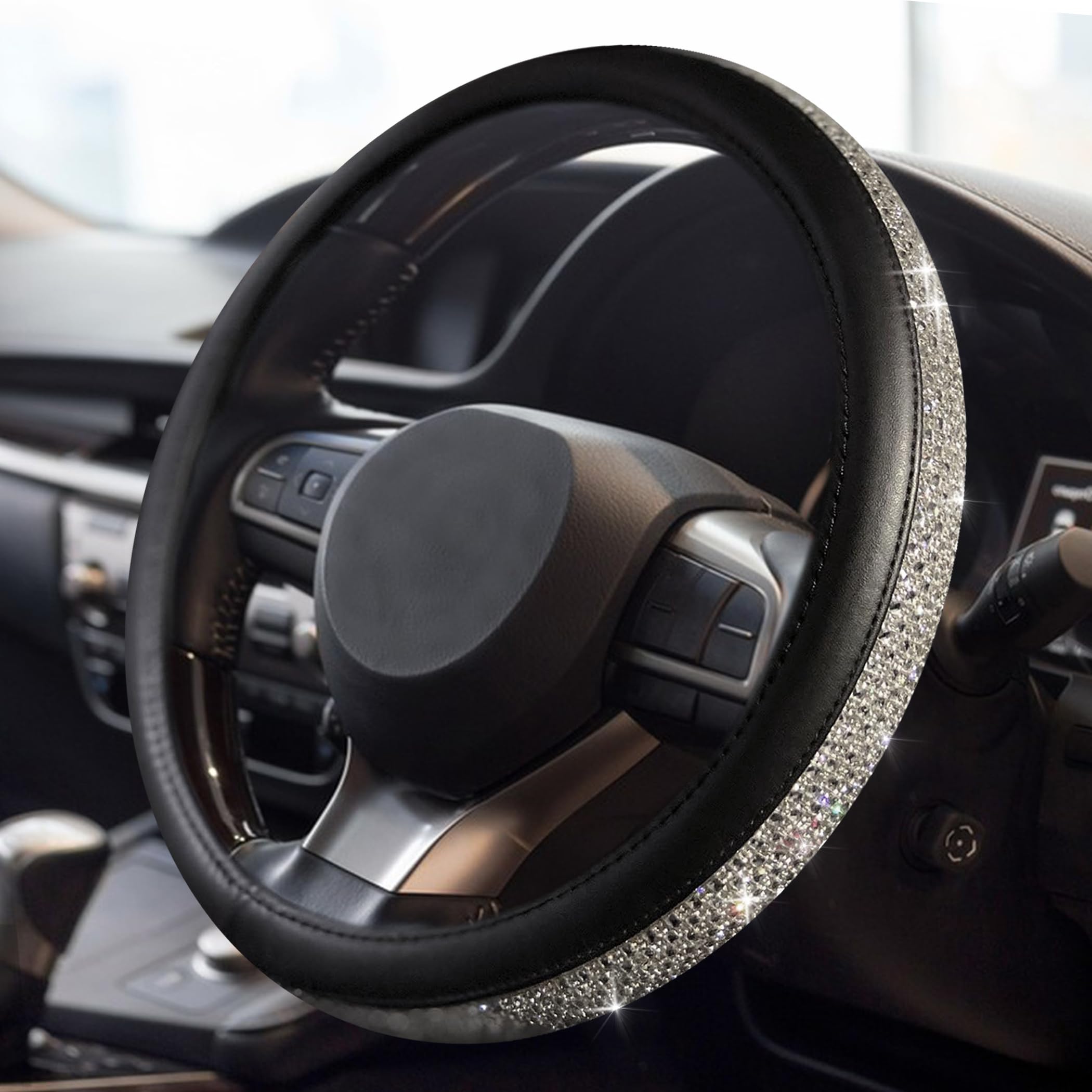KAFEEK Bling Diamond Steering Wheel Cover with Jumbo Crystal Rhinestones, Anti-Slip Leather, Universal 14.5-15 Inch, Comfy Grip, Car Steering Wheel