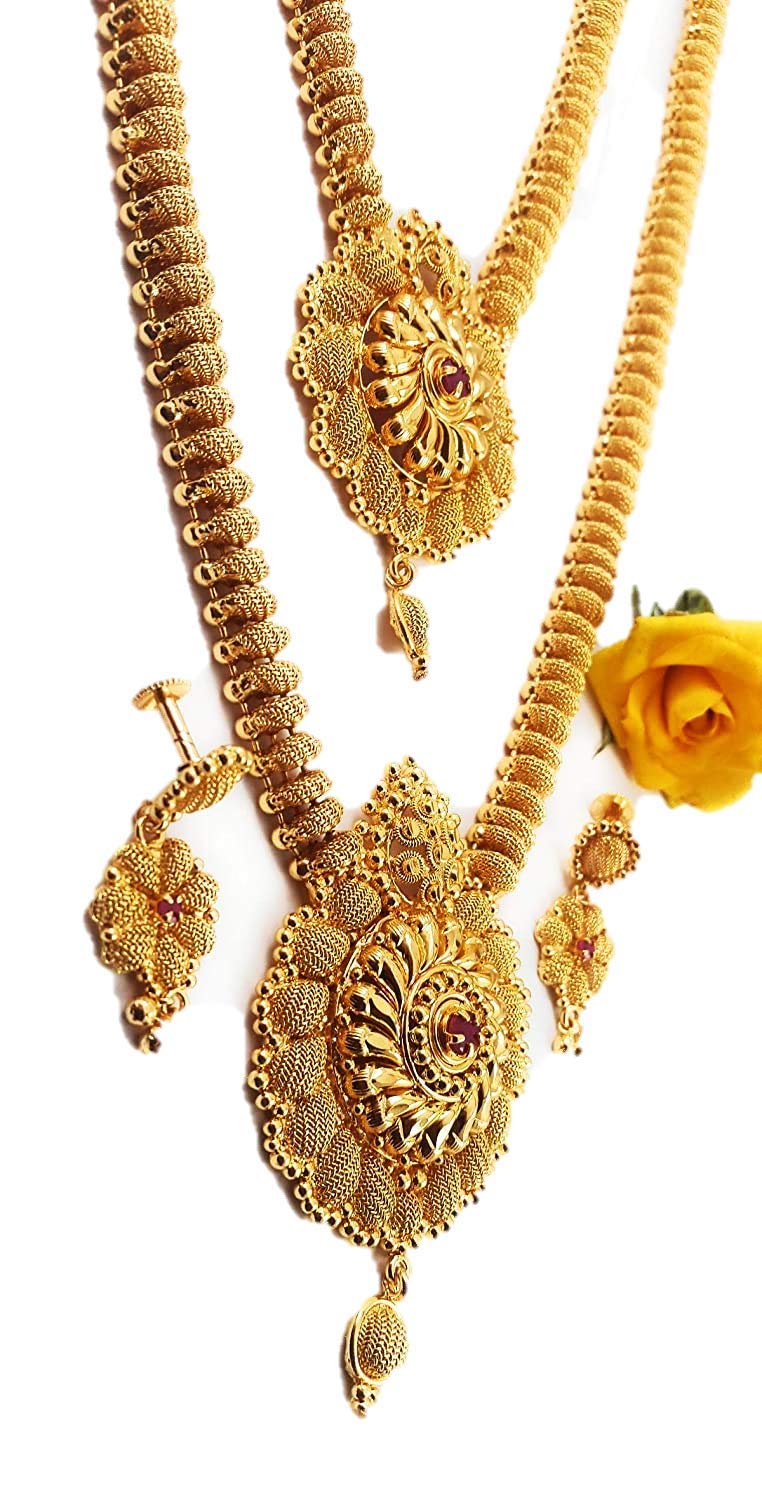 AFJ GOLD Womens Copper Gold Plated Matte Haram Necklace Set (Gold, Ruby ) (B07R4NTHL9) Amazon Price History, Amazon Price Tracker
