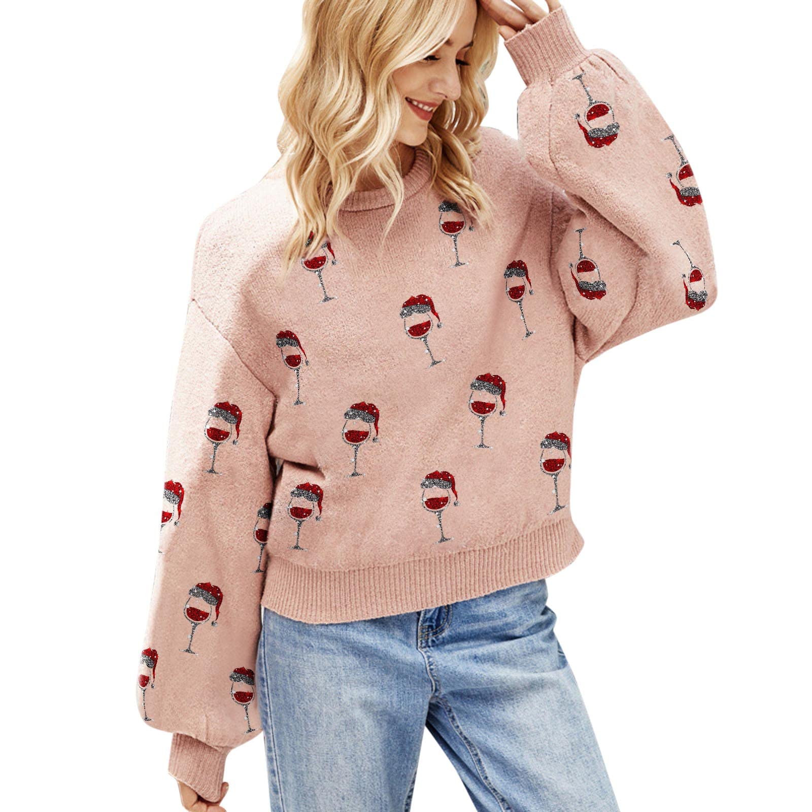 Maglioni da donna con motivo natalizio Kawaii Babbo Natale da donna in cotone stampa calice girocollo carino top renna vintage caldo maglione vacanza maglioni morbidi tunica