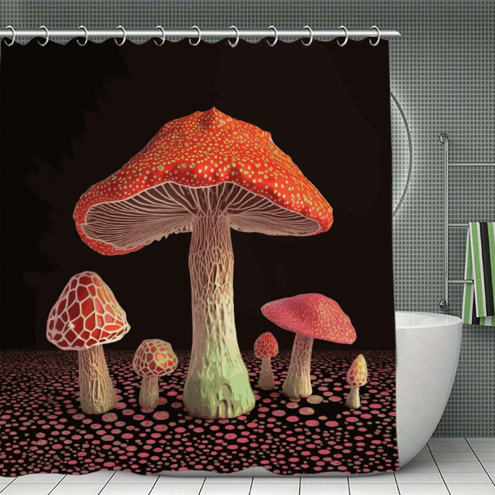 FekiLoot Mushroom Shower Curtain with Hooks Modern Farmhouse Bathroom Curtain Waterproof Cloth Bath Curtains Cute Washable Blackout Privacy Curtains for Bathroom Bathtub 70.8"x70.8"
