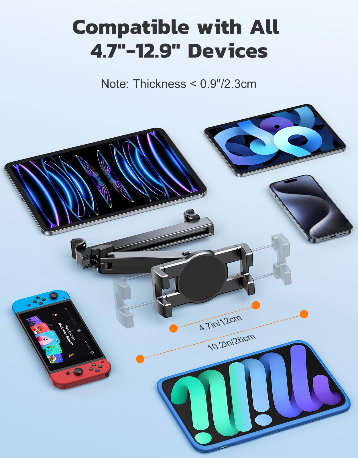 EOIWUY Samochodowy uchwyt do tabletu, wysuwane ramię przedłużające, obracany o 360°, uchwyt na tablet, kompatybilny z iPadem, iPhone, Galaxy Tabs i wszystkimi urządzeniami o przekątnej ekranu
