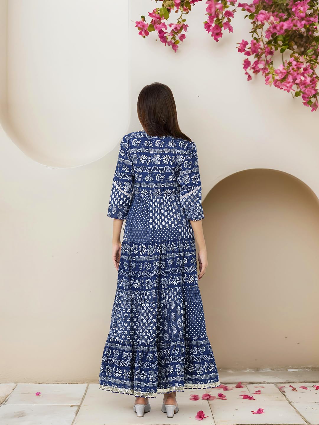 Ishin Navy Blue Cotton Floral Printed Tiered Dress