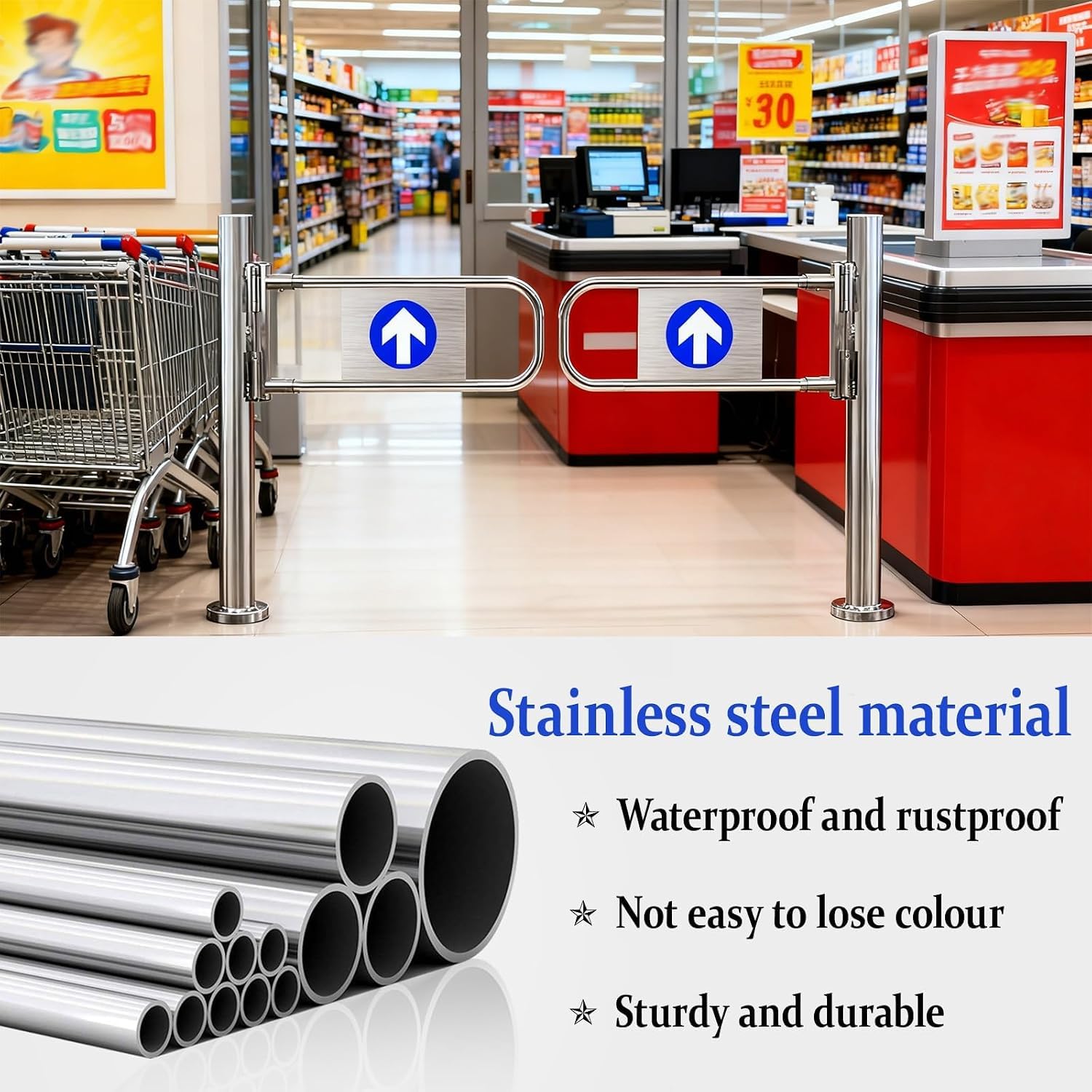 Cancello a Battente bidirezionale con Molla per supermercati, barriera pedonale in Acciaio Inox (65 * 100cm)