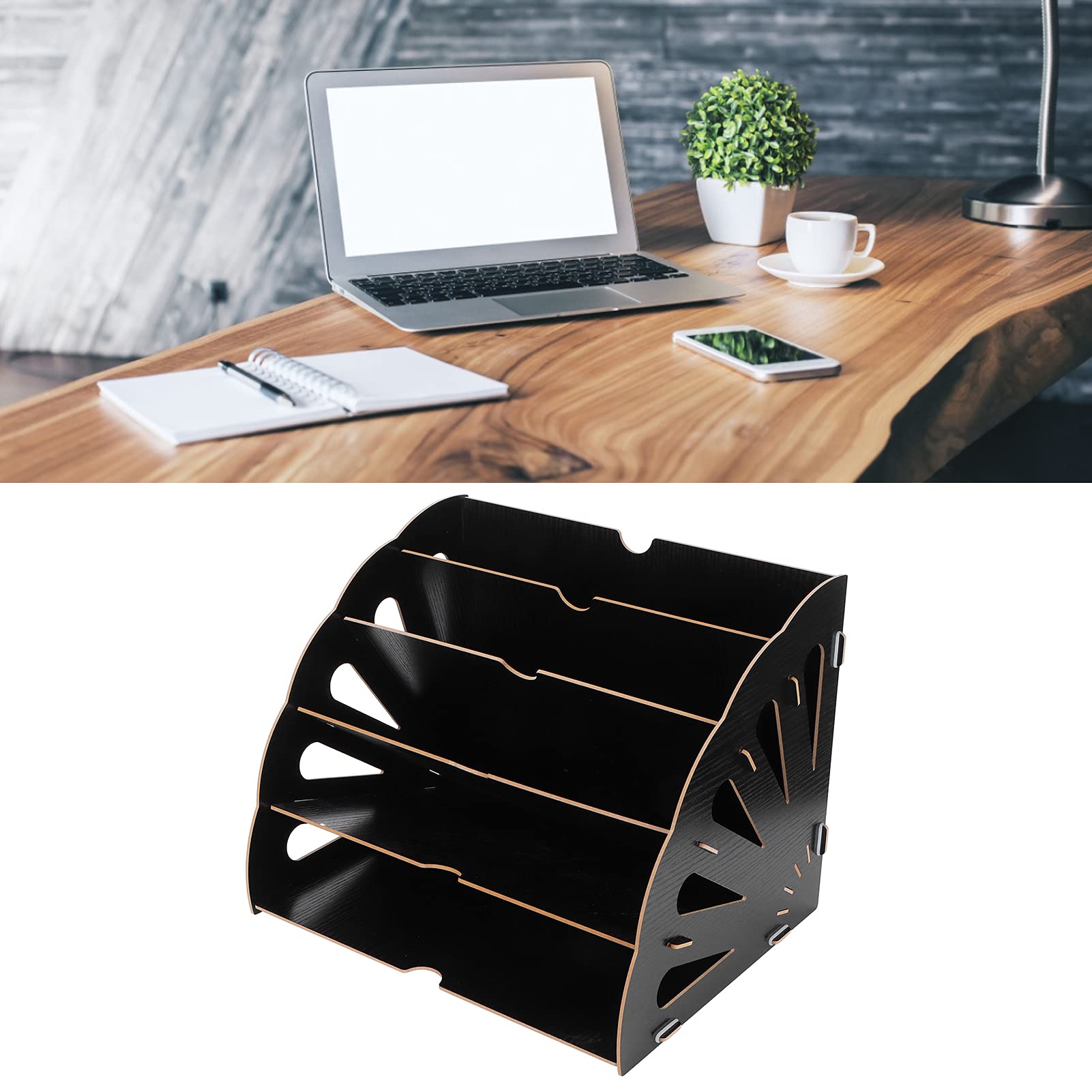 Estantería de almacenamiento de madera con múltiples compartimentos, organizador de archivos de escritorio para suministros de oficina, soporte de madera para libros y revistas con (Negra)