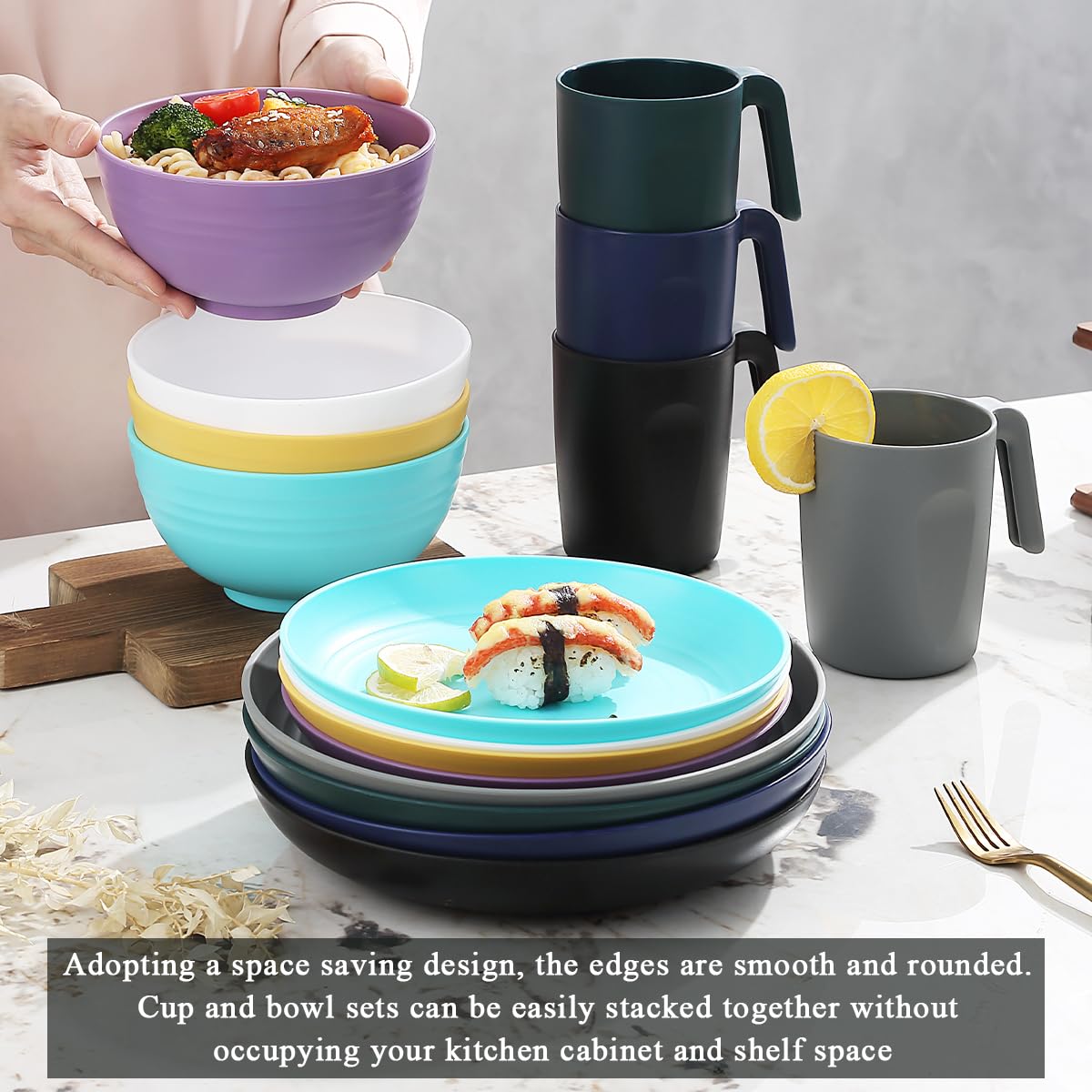 Kyraton Cubiertos de plástico Juegos de 32 piezas, reutilizables Platos ligeros Tazas Cuencos Platos Fácil de llevar y limpiar Microondas Seguro BPA Lavavajillas seguro Servicio seguro para 8