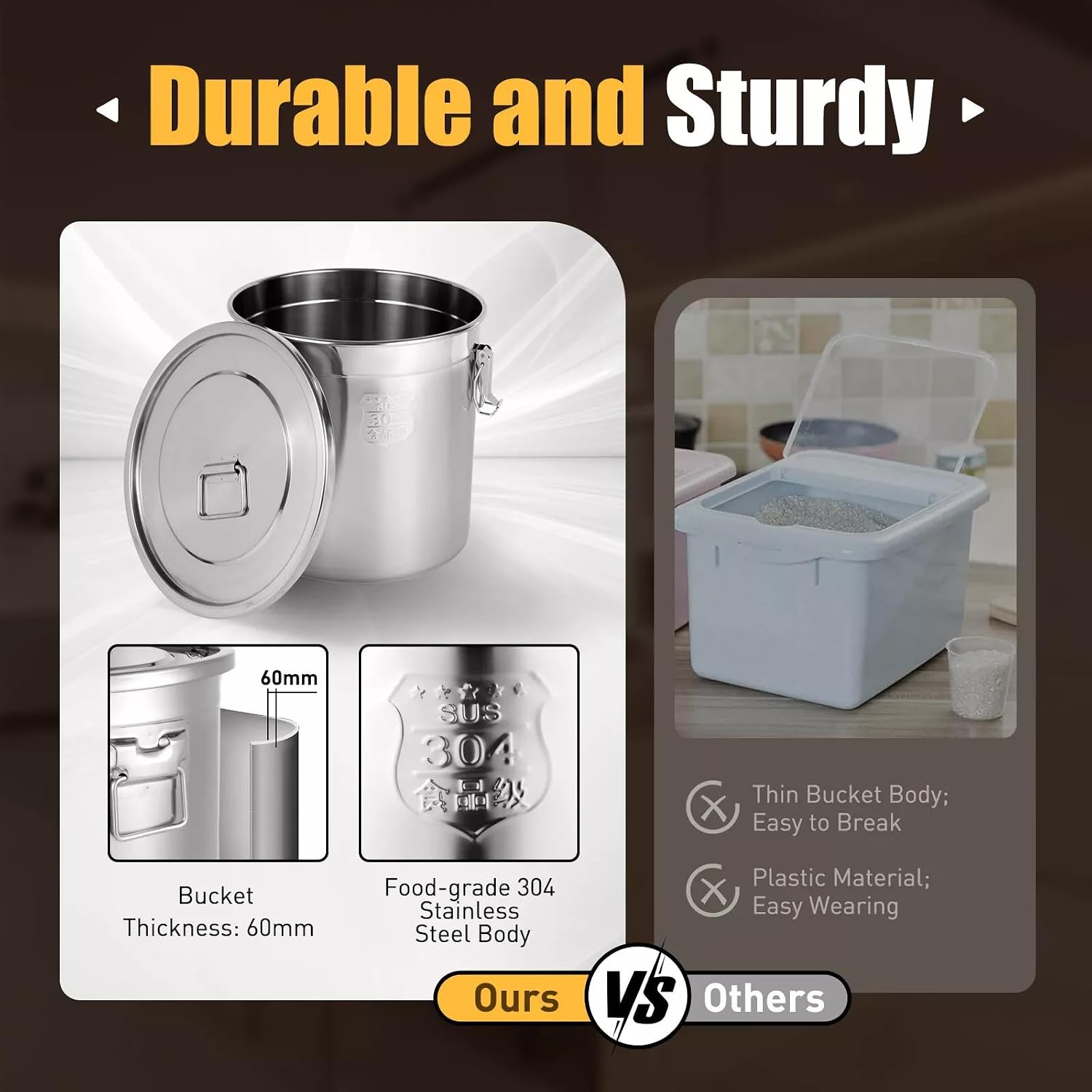 Large capacity Airtight Rice Bucket Stainless Steel Canister Food Storage Container with Lid, for Hotels, Restaurants, Kitchens, Warehouses, Living Rooms, Etc (33L)