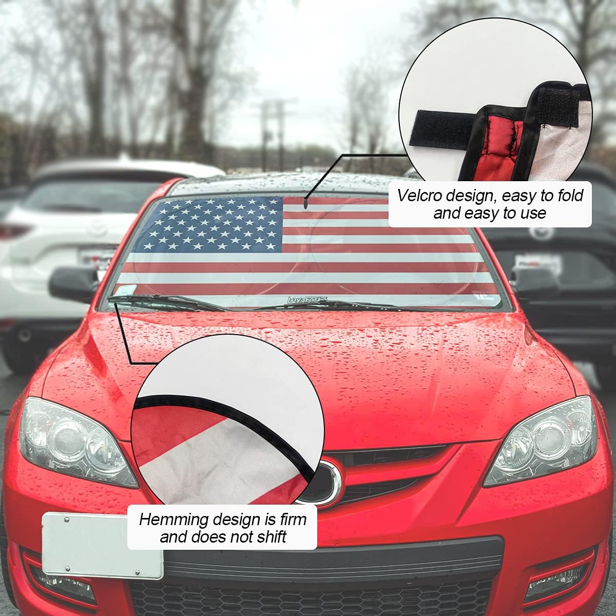 Car Front Windshield Sun Shade, American Flag Steering Wheel Sun Visor for Car, UV Rays and Privacy Protection, Foldable, Keep Car Cool, Fit for Most Cars,SUVs (Red, 59"x31")