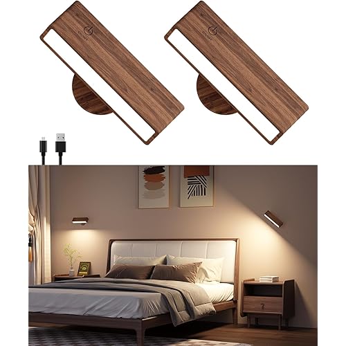 Battery Operated Wall Sconces Set of 2,Rechargeable Wall Lights Wood,Stick On Wall Lights for Bedroom,Wall Mounted Bedside Reading Lamps Dimmable,Battery Powered Wall Lamp for Bedroom