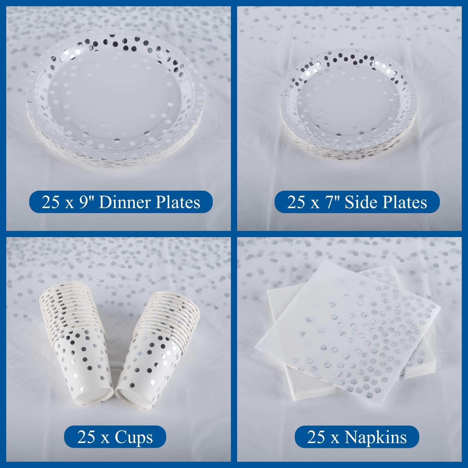 Ceiliwen Set Stoviglie per Feste con Puntini Argento per 25 Ospiti - Piatti di Carta da 22,9 cm e da 19,1 cm Bianchi e Argento, Bicchieri, Tovaglioli - Stoviglie Eleganti per Matrimonio, Anniversari