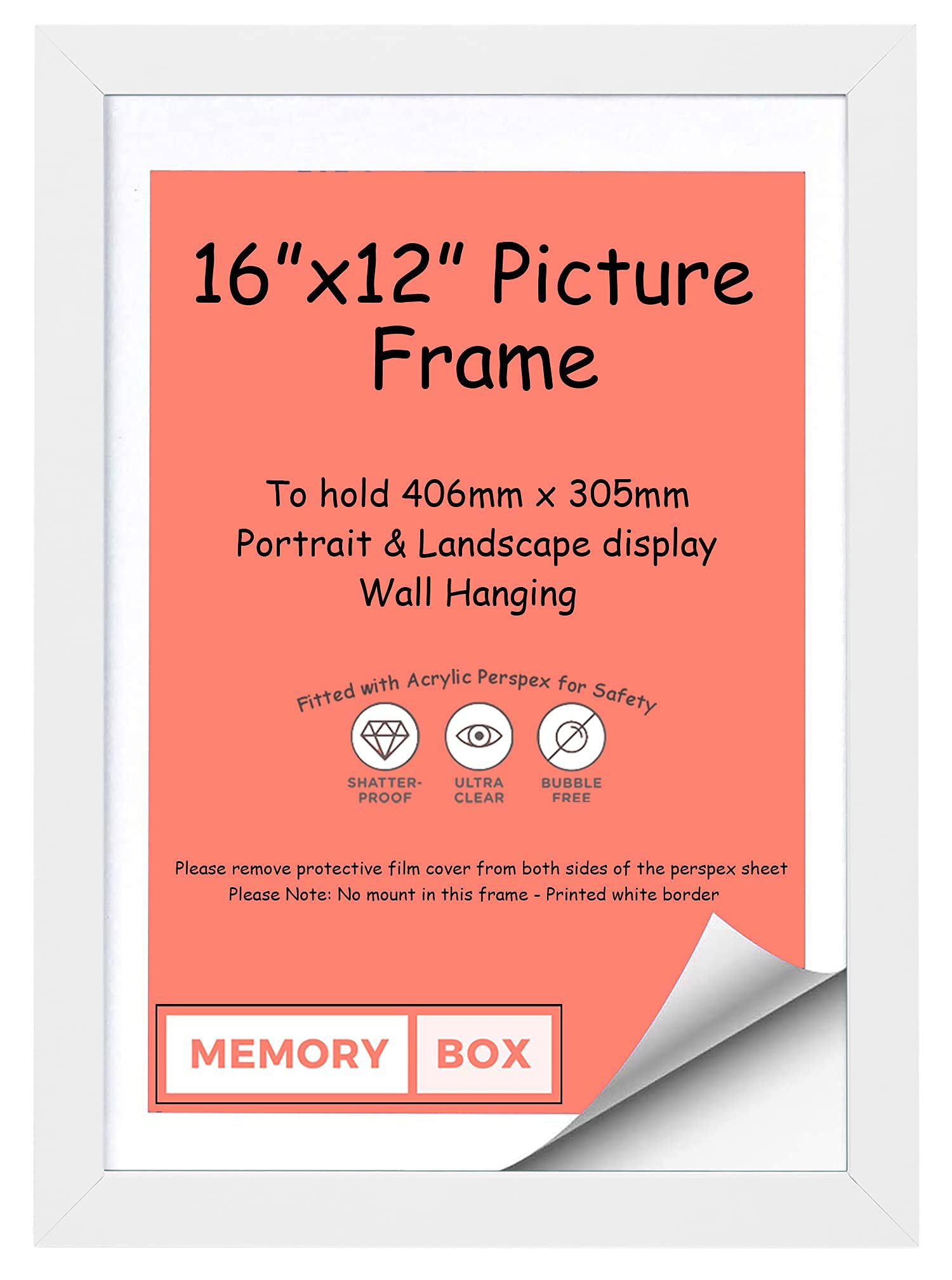Wrapped MDF Picture/Photo/Poster frame with Real Glass - Moulding 20mm Wide and 15mm Deep - (40.6 x 30.5cm) White 16" x 12"