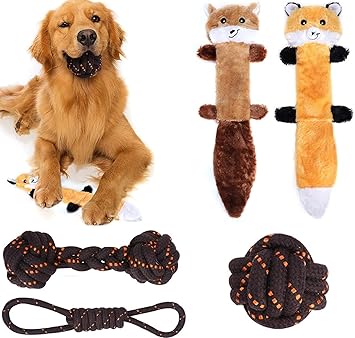 vnice Dog Rope Toy 3 Nearly Indestructible Cotton Chewing Ropesand 2 No Stuffing Fox,Raccoon Squeaky Plush Puppies Set Toys for Small Medium Large Dogs and Aggressive Chewers