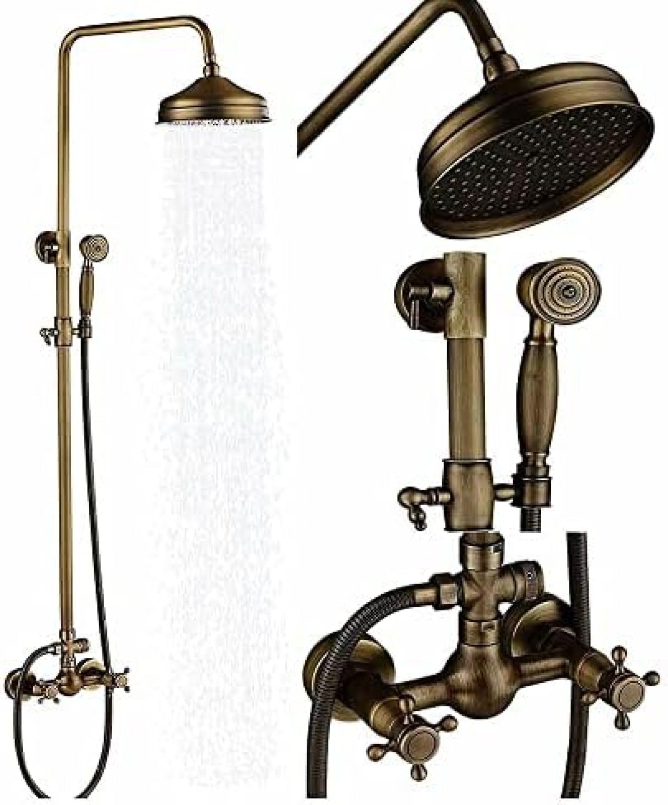 GLJTUO Wall Mounted Shower Faucet Set 8 Inch Rainfall Head Handheld Shower Bath Filler Hot and Cold Water Mixing Faucet-Antique Brass A,Antique Brass G,Antique Brass D