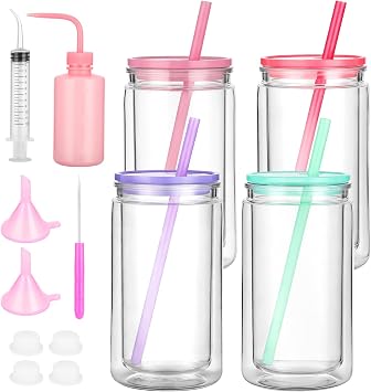 Double Wall Snow Globe Tumblers Set, 4 Pcs 16 oz DIY Pre Drilled Glass Cups Kit with Curved Mouth Bottle, Funnels, Syringe, Awl for Crafting Filling, 4 Colors