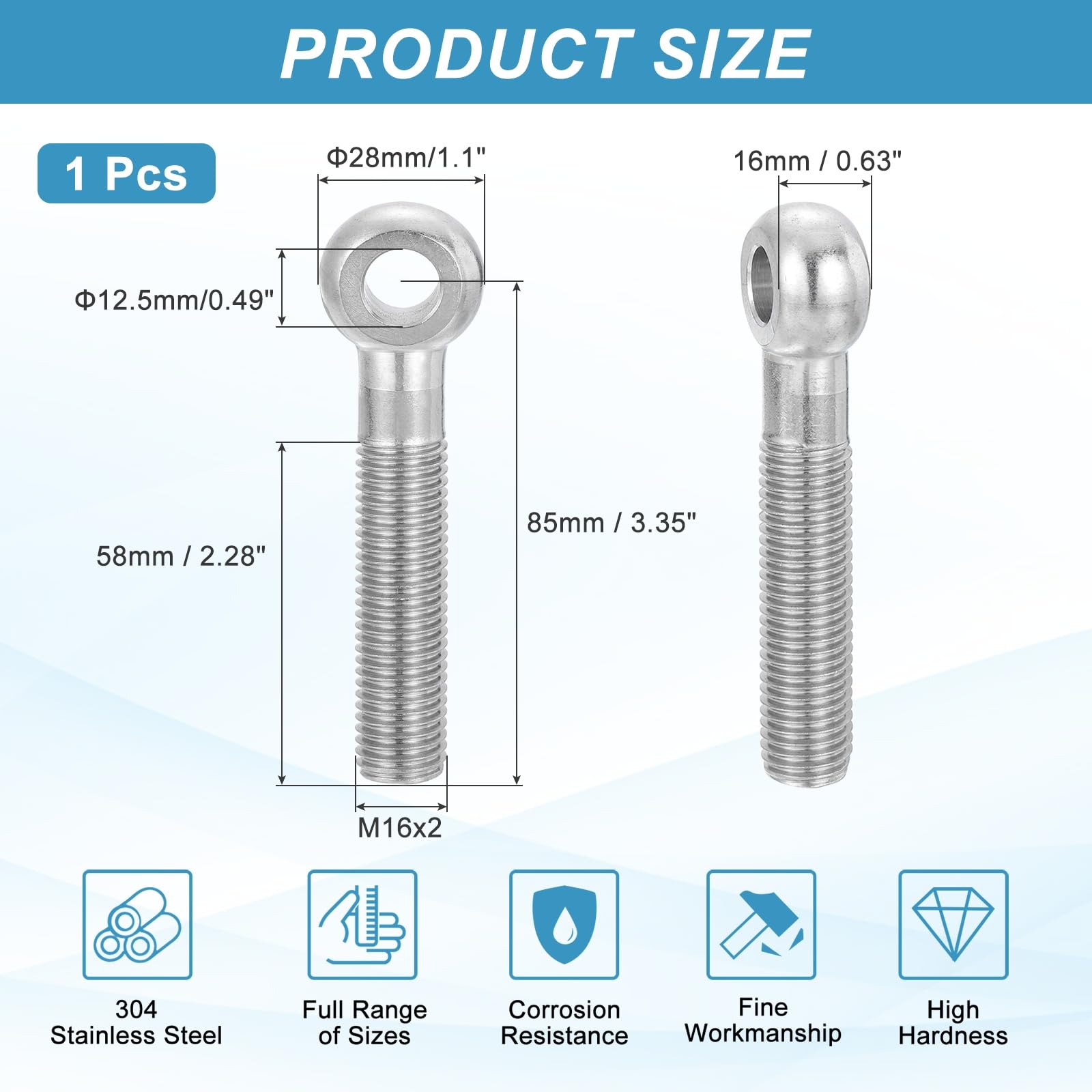 PATIKIL M16x85mm Shoulder Swing Lifting Eye Bolt, 304 Stainless Steel Metric Half Tooth Thread Fisheye Eye Slip Hole Screw Rigging Bolt Metal Fasteners Screws, Silver Tone - Image 2