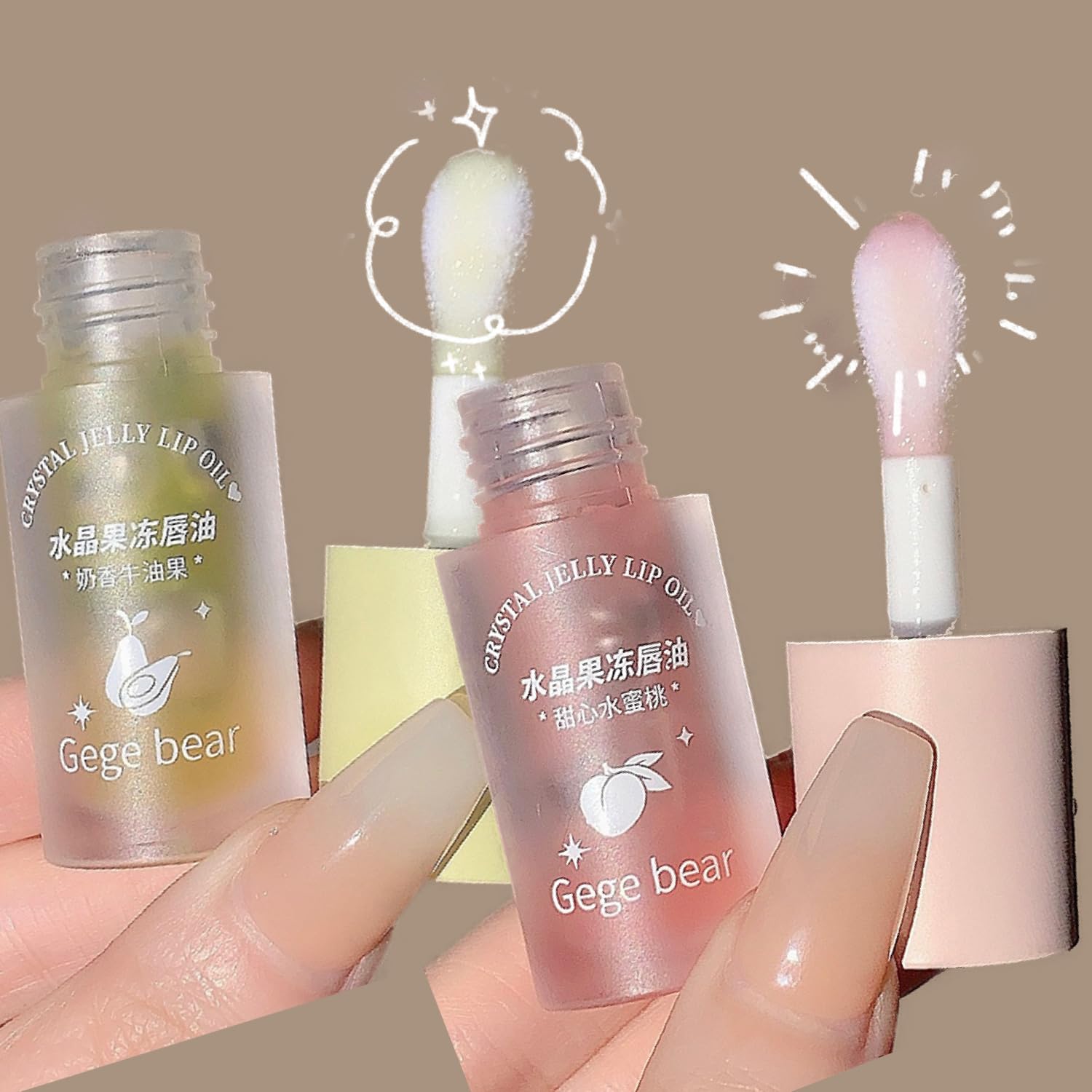 Gege Bear Crystal Jelly Lip Oil : Fruity Lip Gloss for Luscious, Glossy Lips for Women, Clear Transparent Lip Oil with Fruity Essence (2-Pack, Peach+Avocado)-picture-39