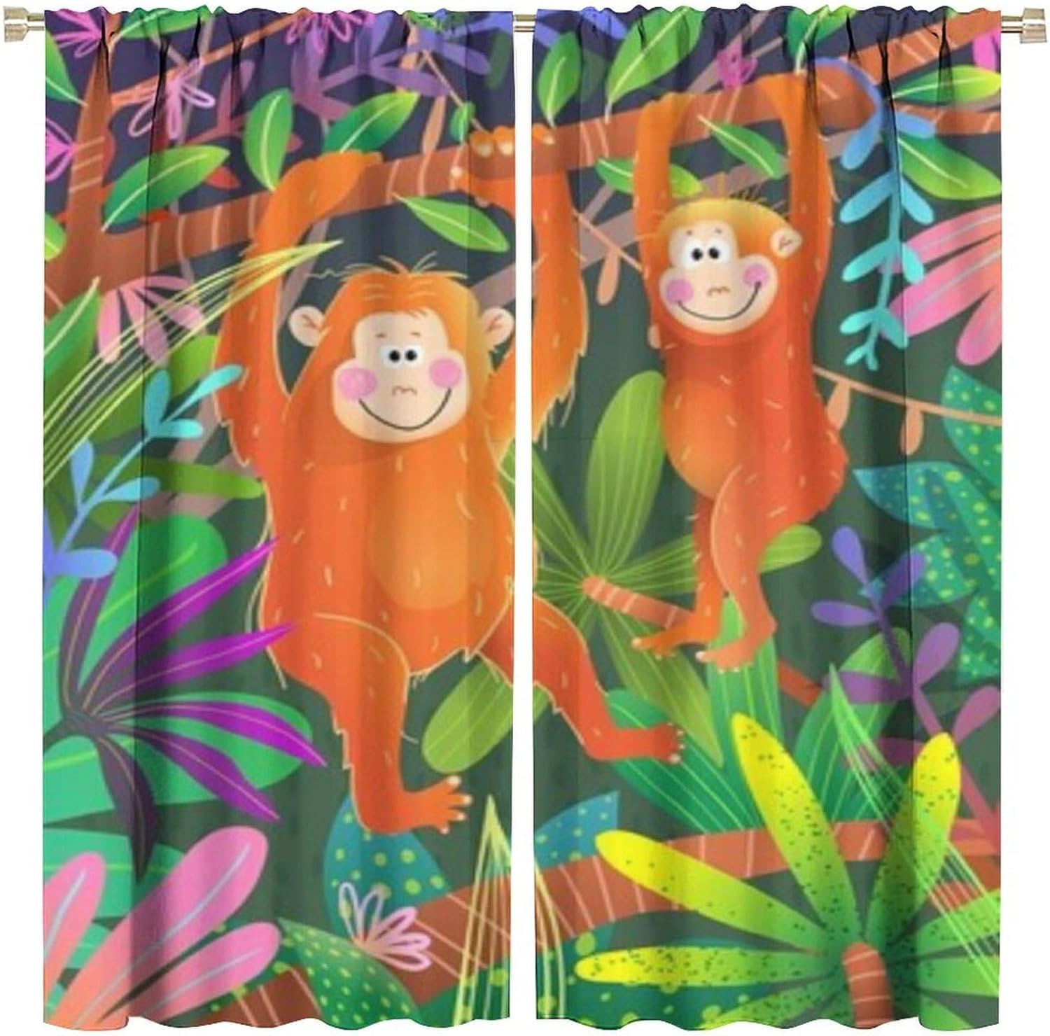 Monkey Curtains Animal Print Jungle Theme, Colorful Rainforest Curtains for Nursery Living Room Bedroom, 2 Panels W52xL84 Inch