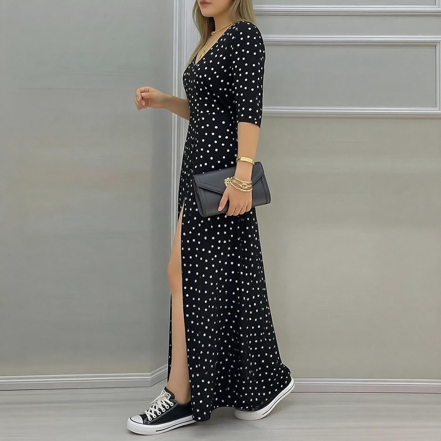 Polka Dot Print Casual French Elegance for Womens V-Neck Dress, Short Sleeve Commuter Style with Slit Design