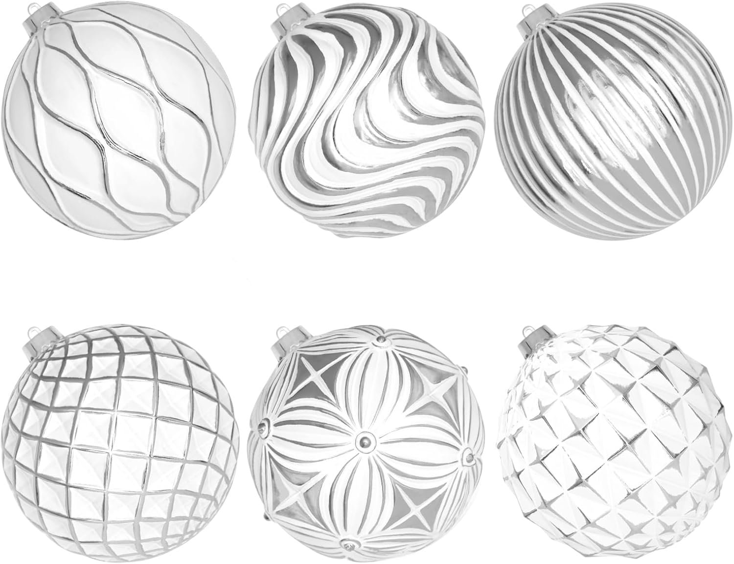 Lanpn 6 Pcs 6" Large Christmas Balls Ornaments, Outdoor Xmas Tree Hanging Decorations, Shatterproof Christmas Ball Ornament Set for Home Winter Holiday, Assorted Relief Pattern, White & Silver White & Silver 6"/ 6 pcs