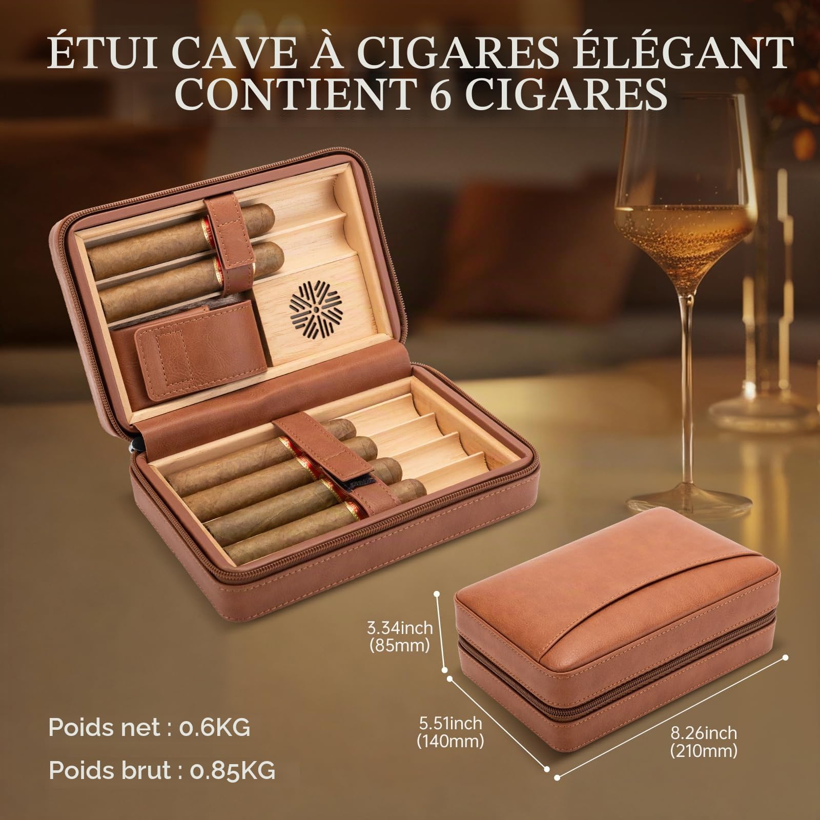 Boîte à cigares de Voyage avec poinçon, étui à cigares en Cuir doublé de Bois de cèdre pour 6 cigares, humidificateur Portable intégré pour Les Amateurs de cigares (Noir)