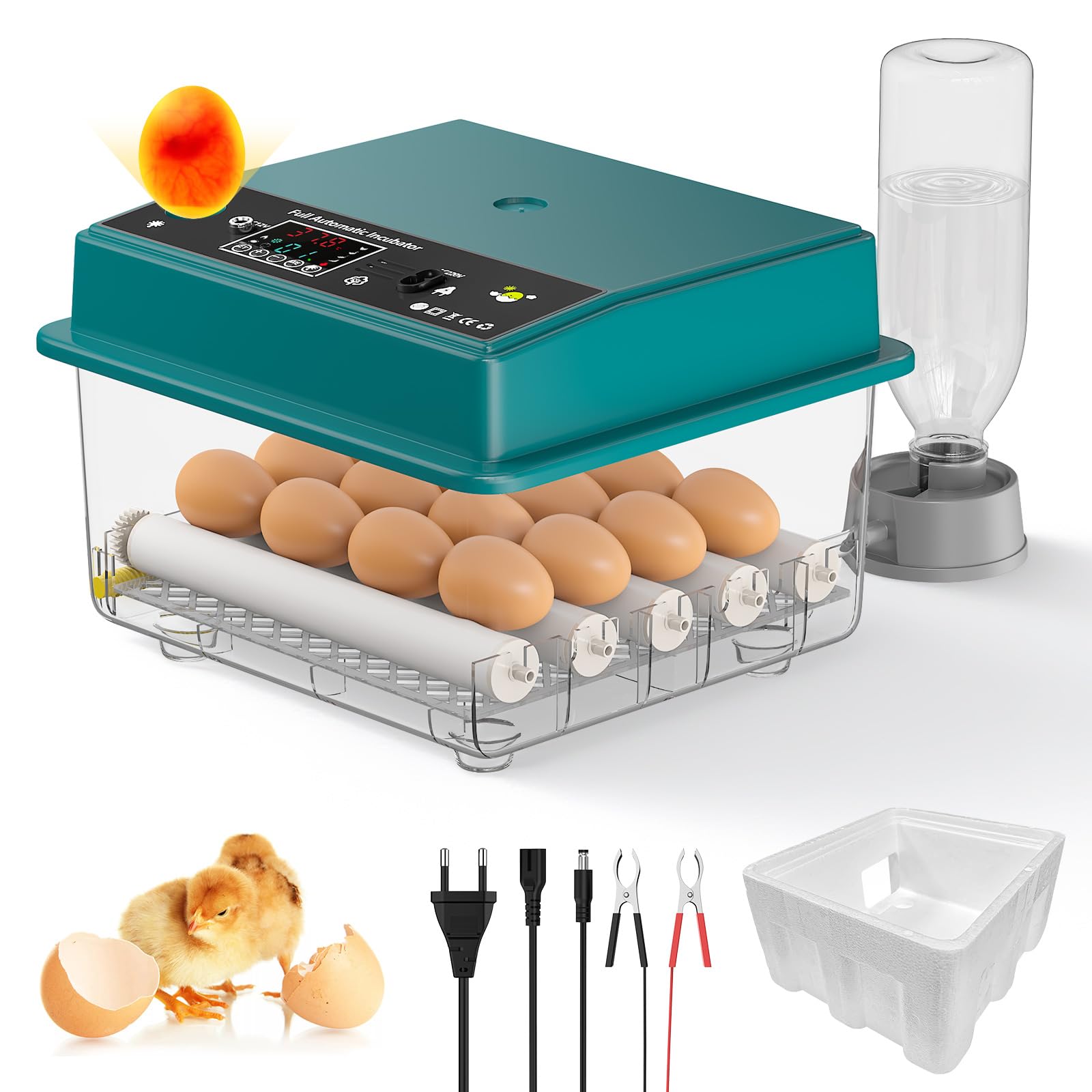 Incubadora Huevos Gallina, Incubadora de 16-64 Huevos con Volteo Automático de Huevos y Humidificación Automática, Fuente de Alimentación Dual, Pantalla LED, Lámpara de Huevo (16 Huevos)