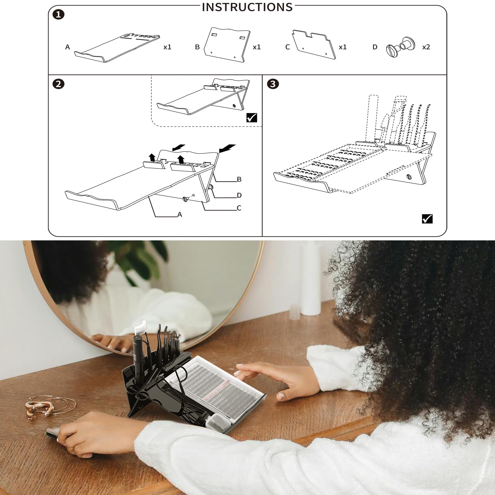 Beautyflier Kit d'extension de cils plateau de rangement pour greffage d'extensions de cils, support d'outils d'extension de cils, organisateur de maquillage, support de palette de colle pour faux