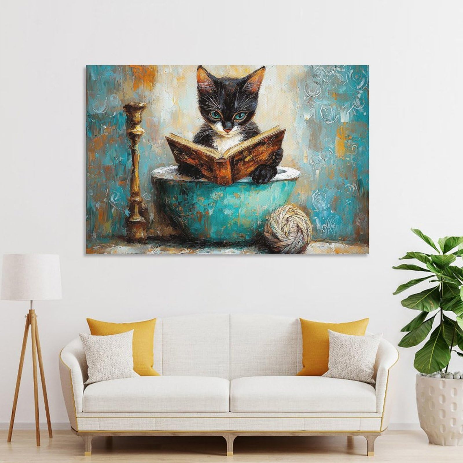 Junmoney Unframe-Style-6-2 Kitten Reading A Book In A Bowl Wall Art Print, 16X24inch(40X60cm), For Office, Study Or Home Workspace, Decorative Artwork For Productive Spaces