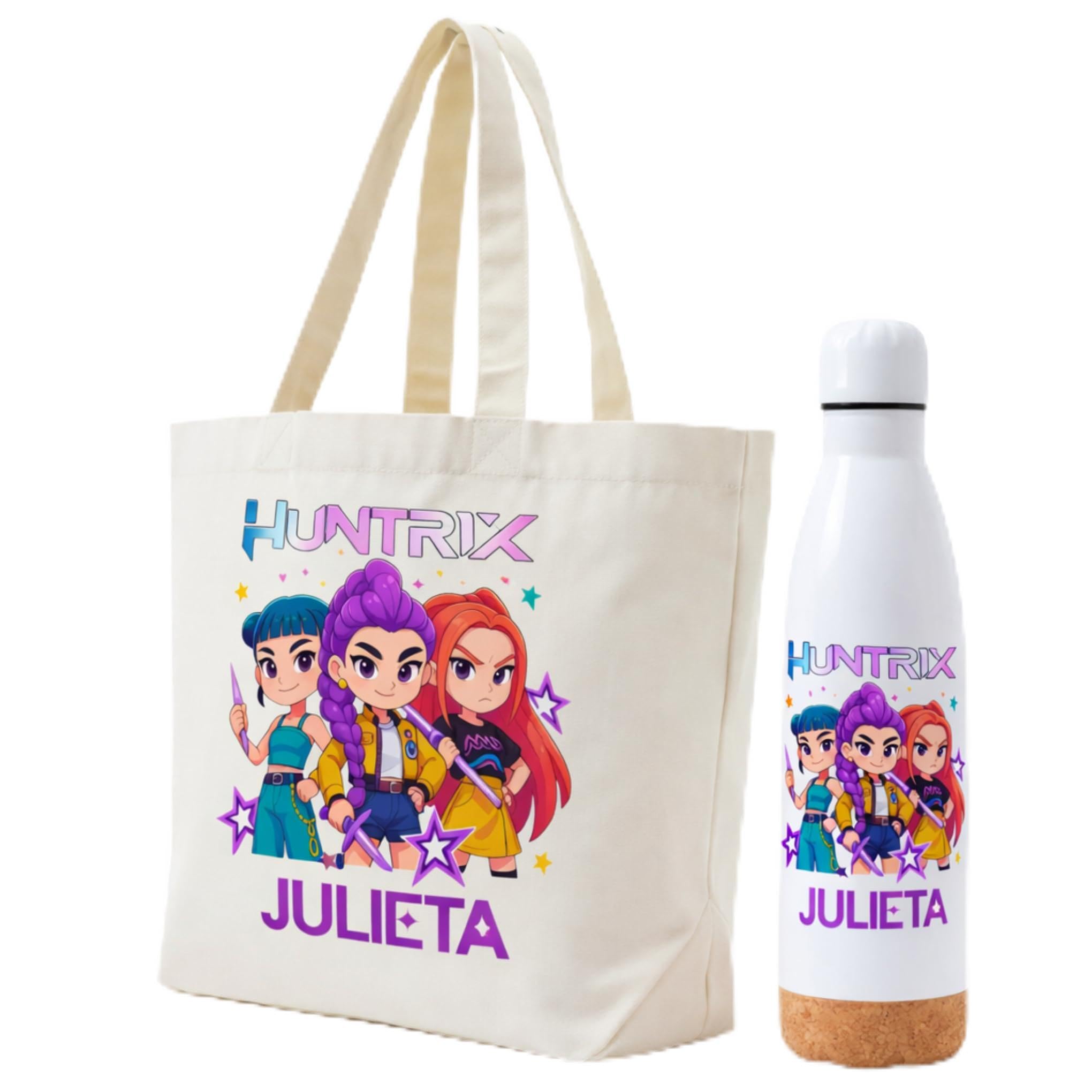 Gifters| Borsa Personalizzata con Nome e Bottiglia in Acciaio Inox 750ml| Design Personaggi Stile Kpop| Tote Bag Cerniera| Confezione Regalo Originale per Ragazza, Compleanno, Natale, Prima Comunione
