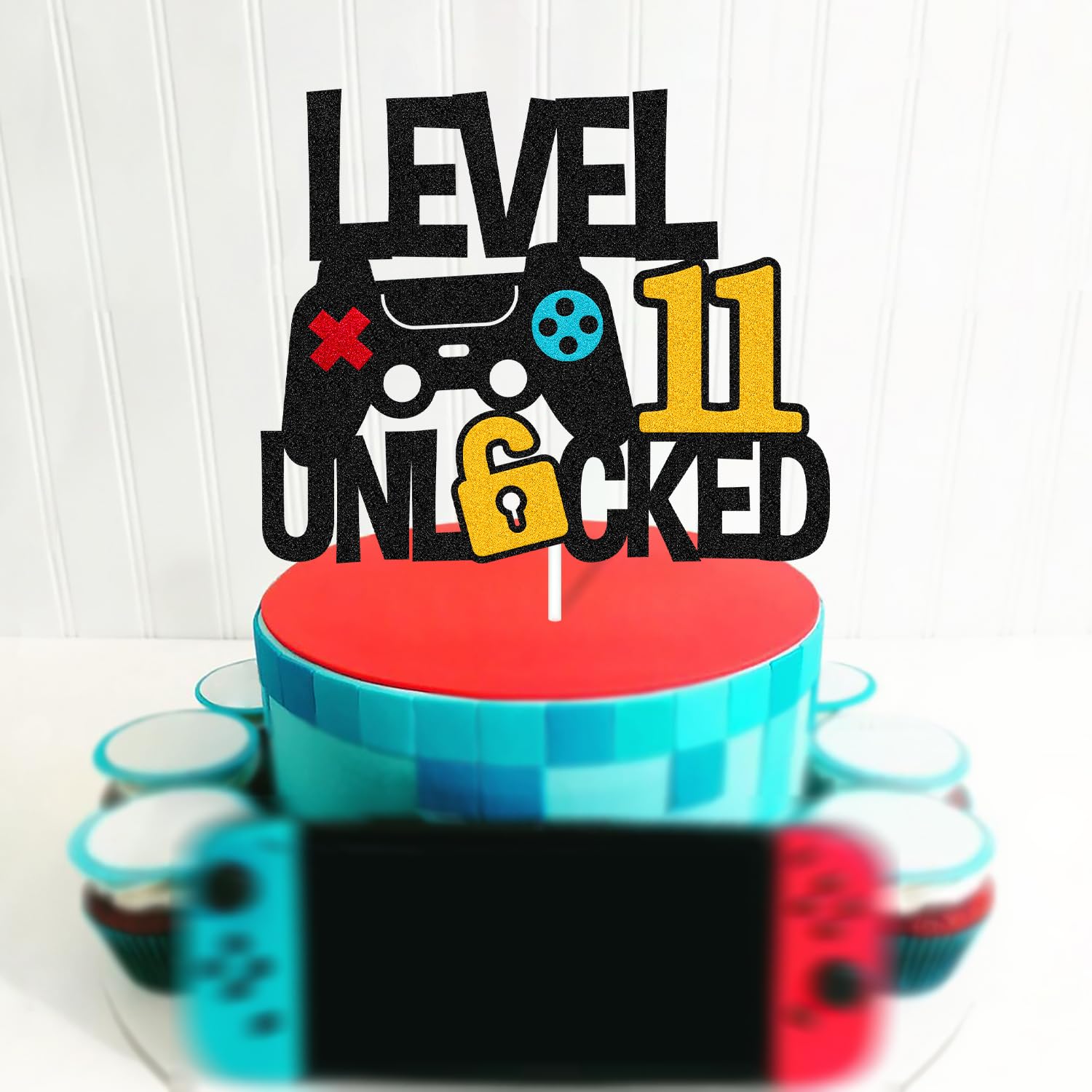 „Level 11“ Kuchenaufsatz Zum 11. Geburtstag – Gaming Motiv, Blau, Aus Glitzerkarton, Für Geburtstagsparty