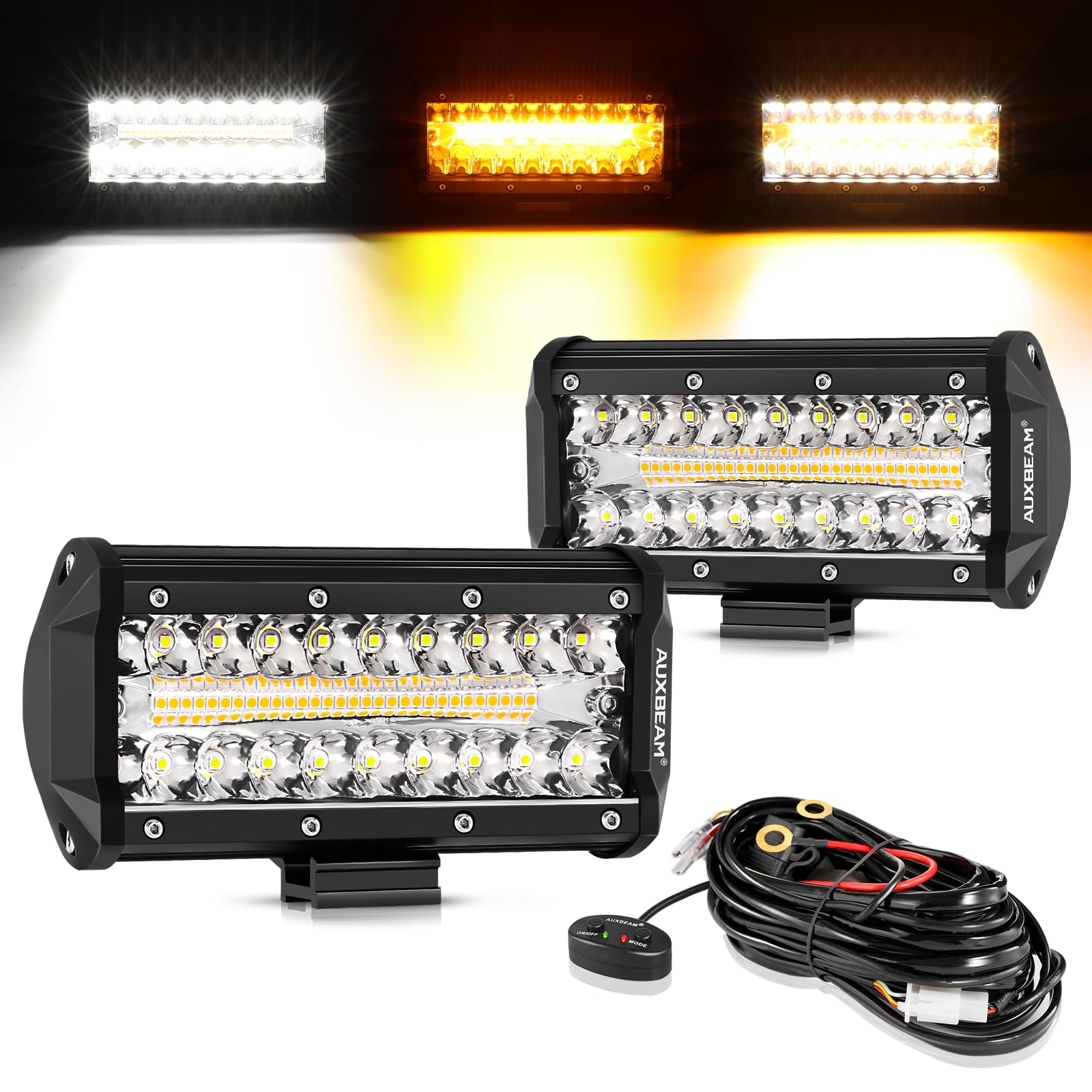 7 Inch Strobe LED Pod, 6 Lighting Modes Amber White Fog Bar 300W 30000LM, Off-road Warning Emergency Light With 10FT Wiring Harness Kit and Memory Function
