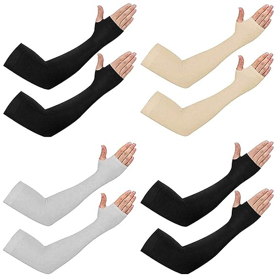NESVIB 4 Pairs Biker / Sports Full Arm Fingerless Sleeves Gloves for UV, Dust, Summer, Sun Protection for men and Women (Black, Beige, Grey & Black)