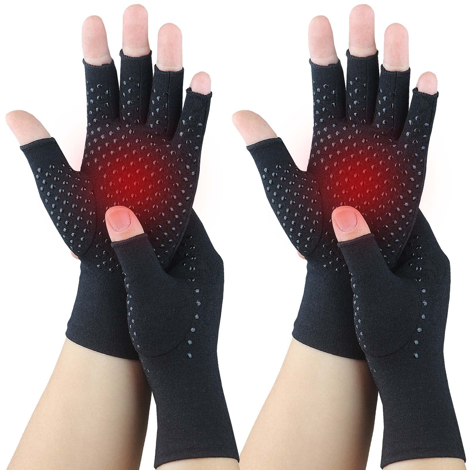 2 Pairs Arthritis Gloves for Pain, Fingerless Compression Gloves for Carpal Tunnel, Osteoarthritis, Joint, Typing, Driving, Fingerless Gloves for Women Men, Non Slip (2 Pairs Pure Black, Large)