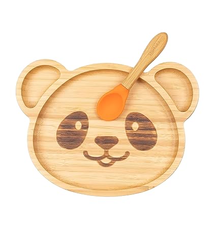 StarKiddo ?Adorable Panda Bamboo Suction Plates for Baby and Toddler | 3 Sections | Weaning Spoon | Non-Toxic | Strong Suction | Cool to The Touch | Ideal for Baby-Led Weaning (Orange)