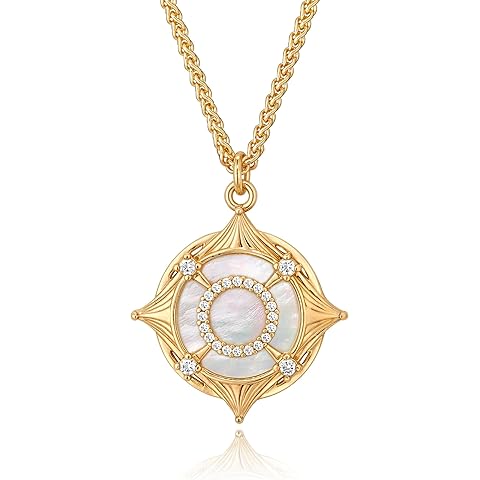 Fettero 14K Gold Plated Necklaces for Women Dainty Mother of Pearl Pendant, Love Heart | Palm Tree | Compass | Cross Charm MOP Gold Necklace Jewelry Gift