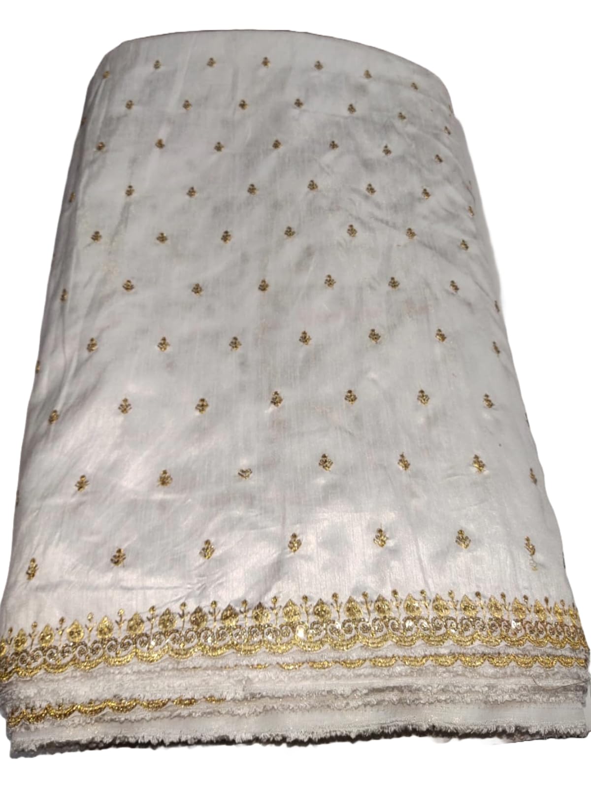 White Raw Silk Blouse Fabric with Gold Embroidery, 1 Metre, Floral Border Pattern-image-22