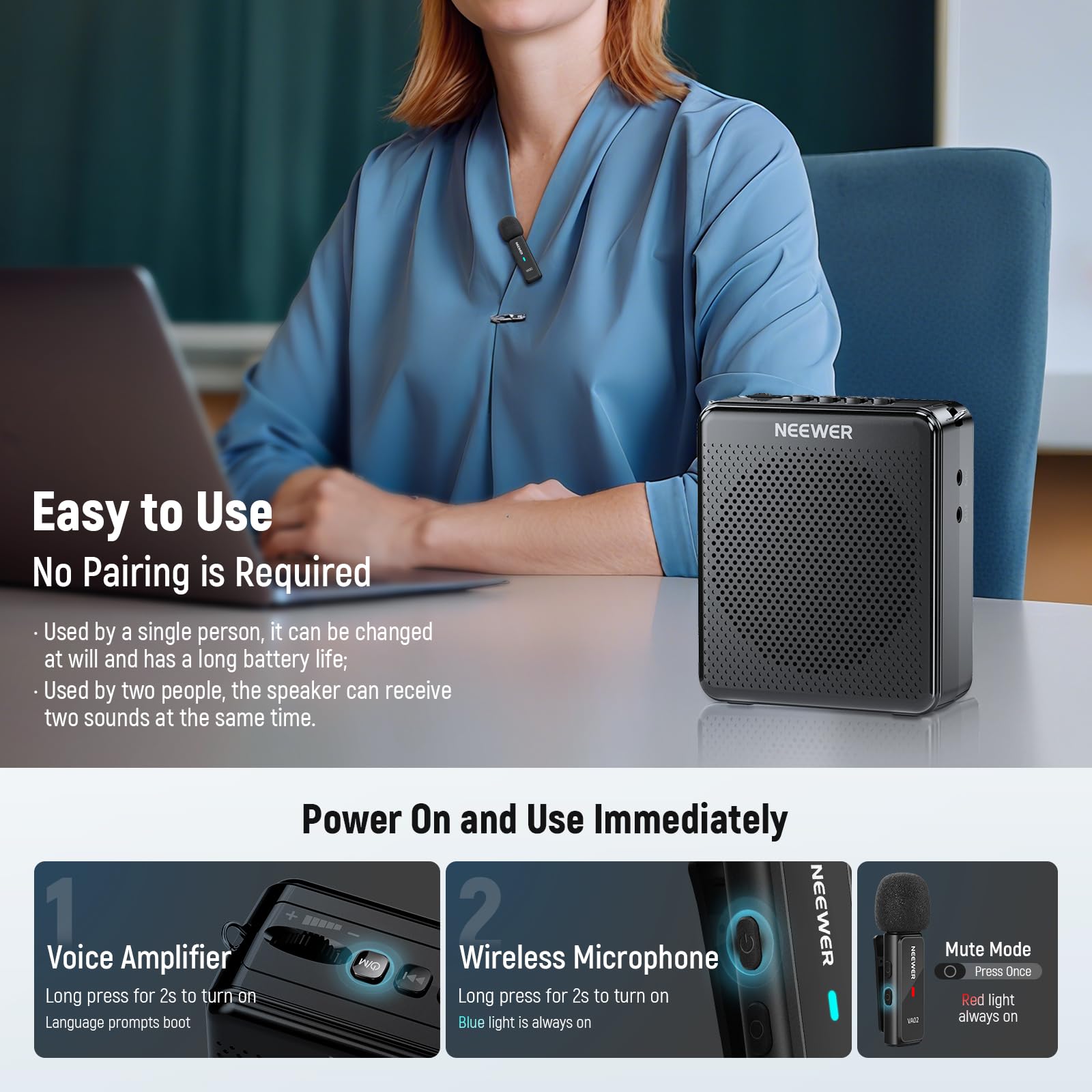 NEEWER VA02 Amplificatore Vocale con Microfono Wireless, Set Mic e Megafono Altoparlante Portatile Mini USB C Ricaricabile Antirumore, 10 Ore, Portata 15m per Aula Insegnanti Formatori Guida Turistica
