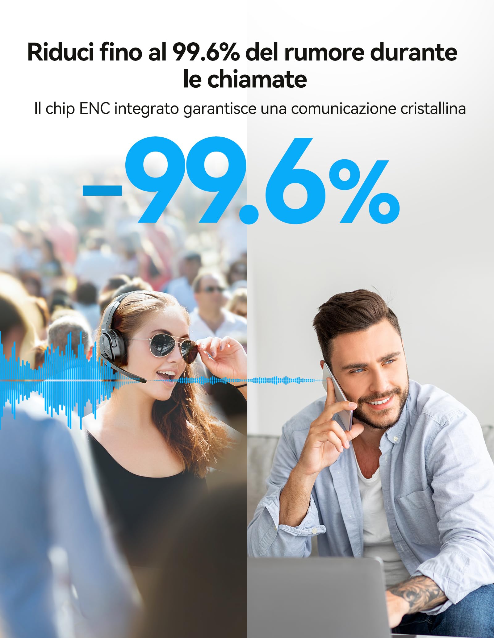 TECKNET Cuffie Bluetooth con microfono, USB dongle cancellazione del rumore singolo e doppio auricolare senza fili con 3 modalità di musica EQ, cuffie PC per call center, ufficio, camion