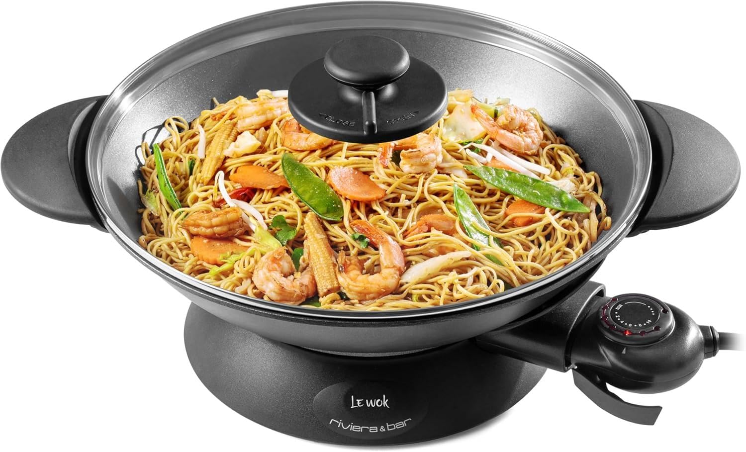 riviera&bar Wok Électrique Expert 5L - 2200W, Cuve en Fonte d'Aluminium, Couvercle en Verre, Thermostat Réglable 10 Positions - Idéal pour 8 Personnes - Accessoires Inclus - Nettoyage Facile
