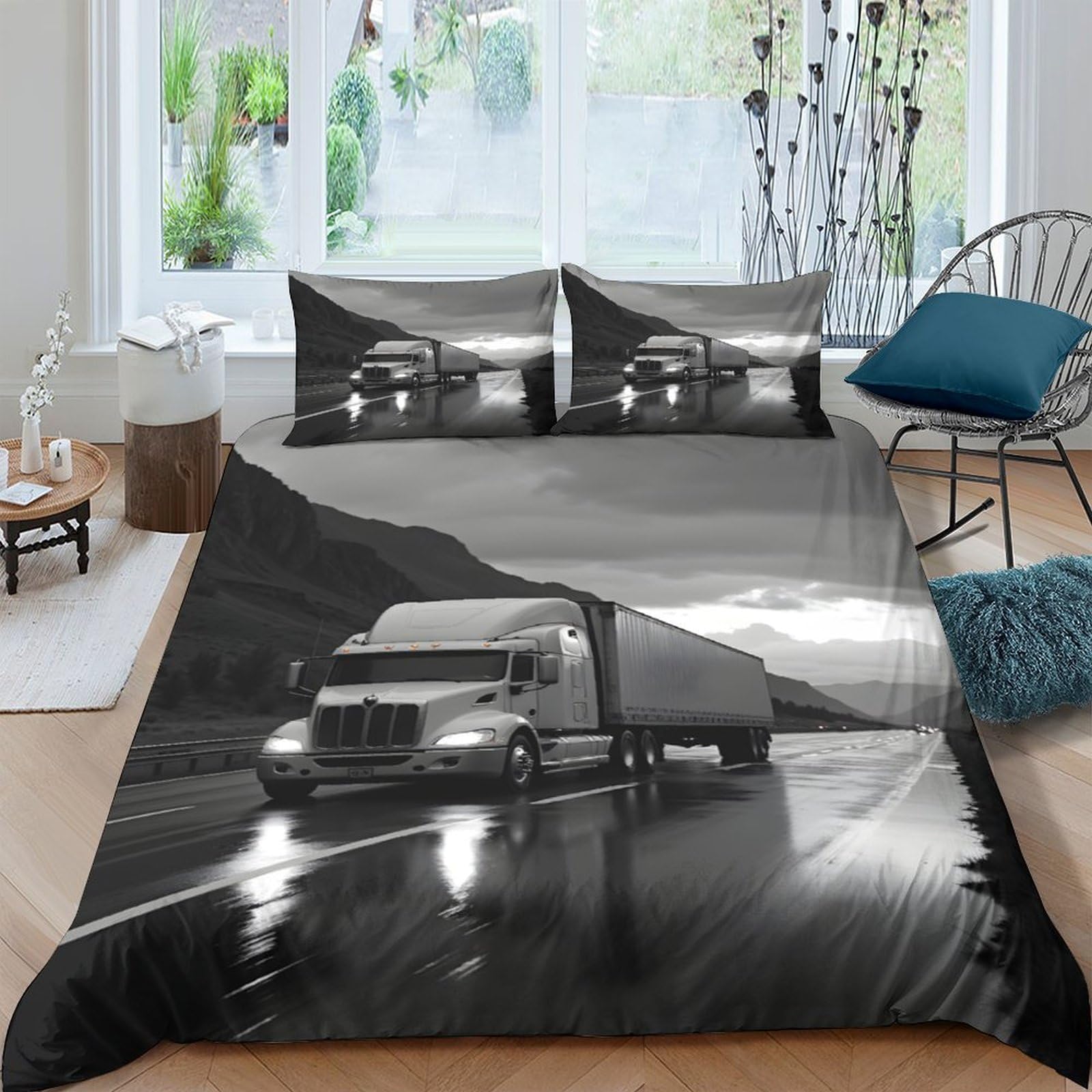 Ctjqhvkz Style-7 3D Printed Black Truck Night Road Fitted Sheet Microfiber Soft Bed Cover For Bedroom Dorm Mattress Decor Protection Single（135X200cm）
