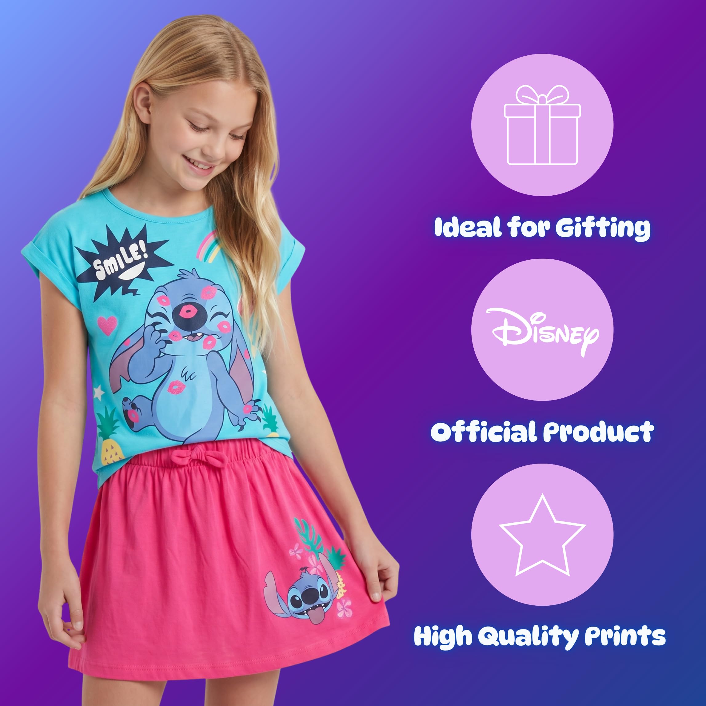 Disney Stitch Set da 2 Pezzi per Ragazze, Maglietta e Gonna con Motivo Smile per Bambine, Taglie 3 a 8 Anni
