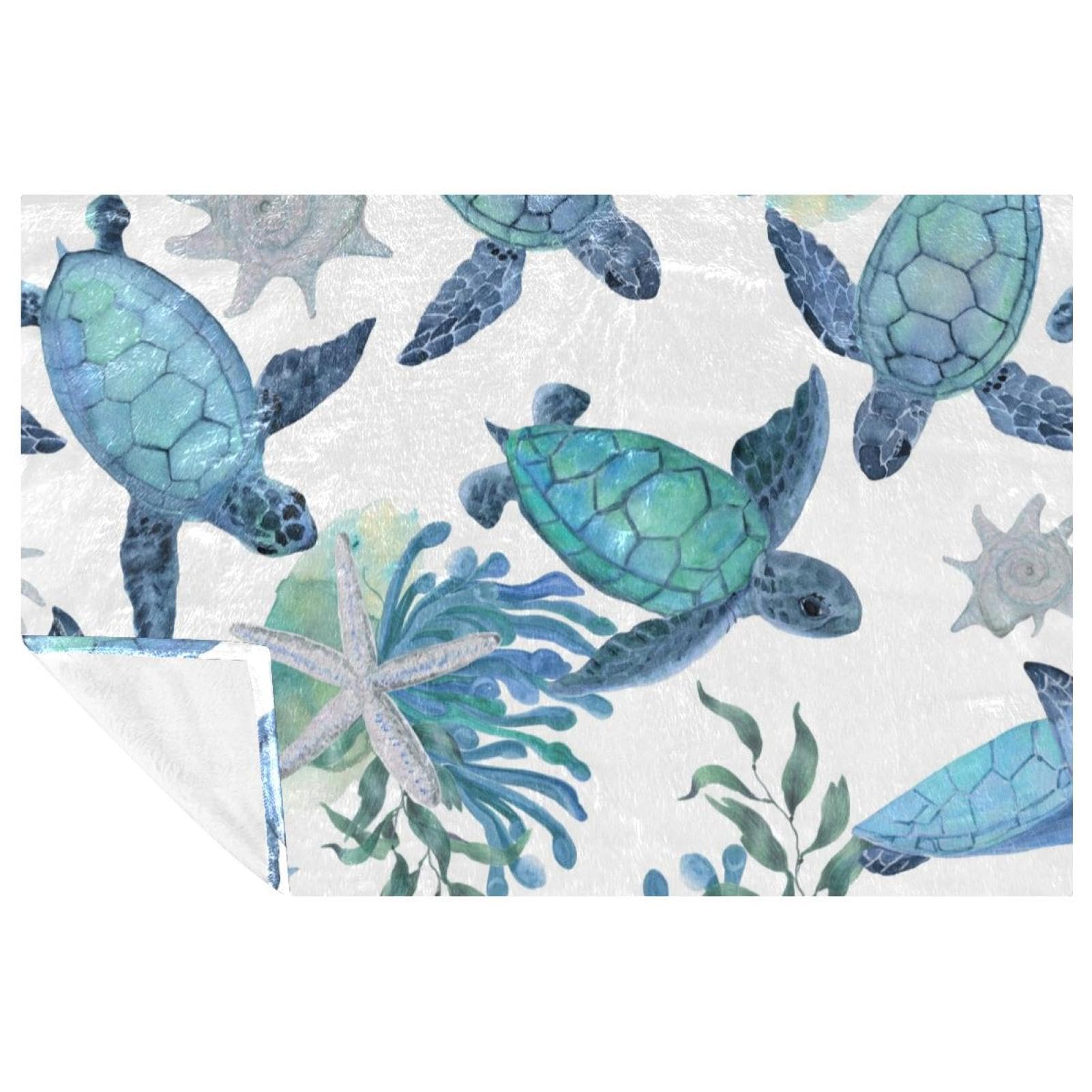 Couverture tortue et étoile de mer aquarelle douce pour lit et canapé 150x100 cm