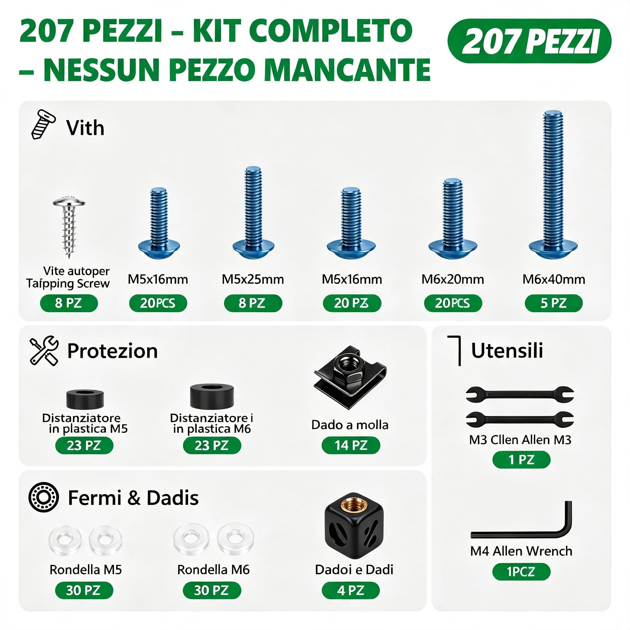 Kit di 207 bulloni per carenatura moto, assortimento di hardware in acciaio inossidabile 304 zincato blu, viti a testa esagonale M5 M6 con clip, dadi e rondelle in nylon per carrozzeria