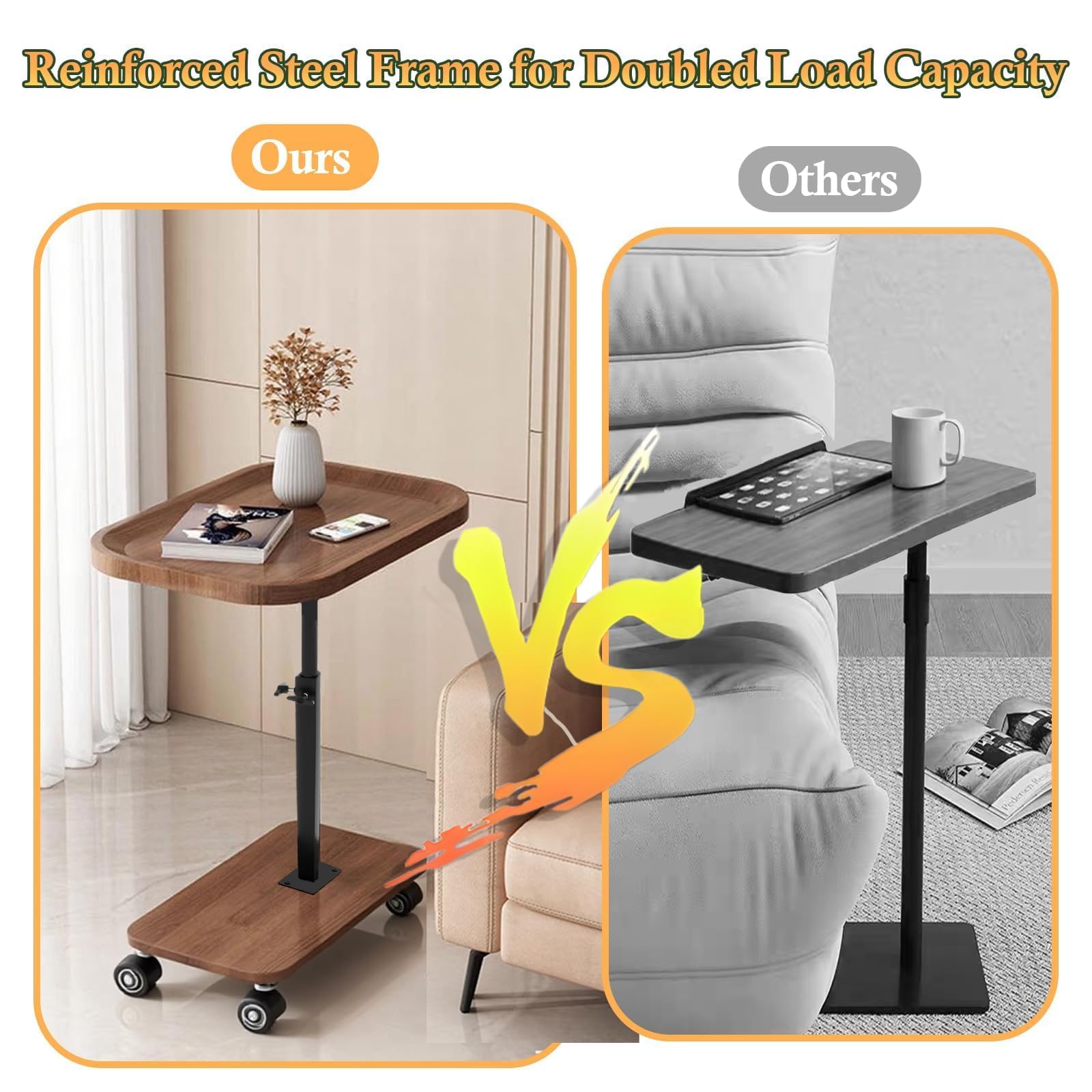 Tavolino Salotto Regolabile In Altezza (45-80 Cm),Tavolino A Forma Di C,Tavolino Divano Rotazione 360°,Con Ruote,Piano Girevole,Tavolino Laterale In Legno Per Divano Del Soggiorno E Camera Da Letto