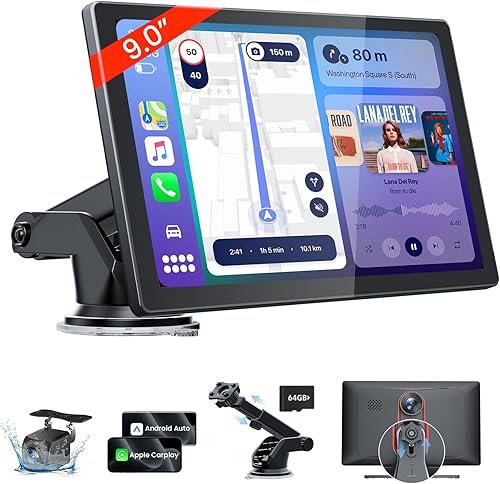 9'' HD Portable Carplay Screen for Car with 4K Dash Cam & 1080P Backup Camera DVR, Car Audio Receivers with Carplay & Android Auto Touch Screen, GPS Navigation, Mirror Link, Voice Control