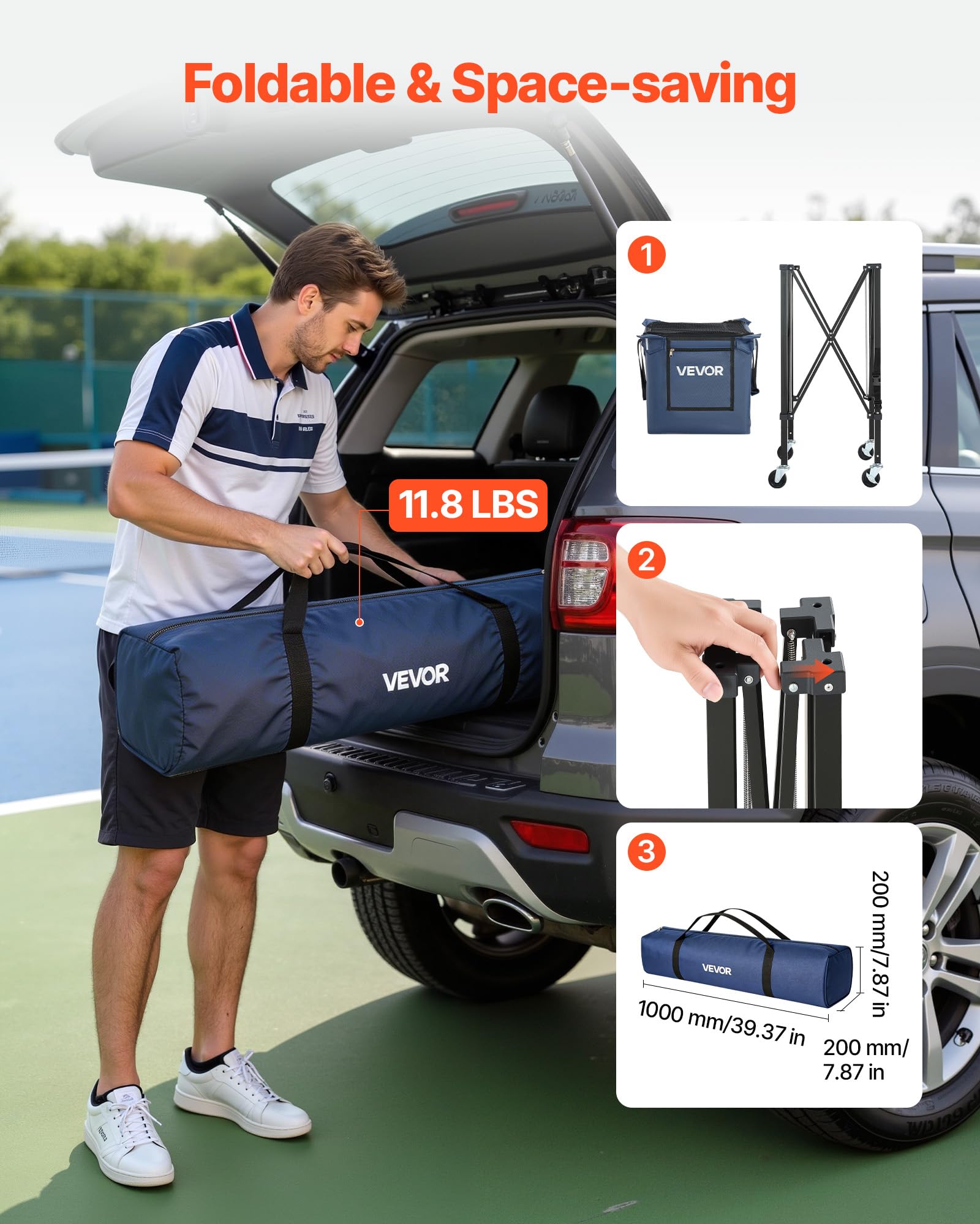 VEVOR Panier à Balles de Tennis et Pickleball 2-en-1 avec roulettes, Capacité de 150 Balles de Tennis ou 260 Pickleballs, Chariot Pliable avec Tube de Ramassage, Panier Portable pour Entraînement