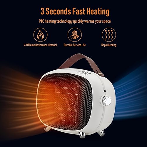 Miniatura 3 de Calentador de espacio eléctrico pequeño de 800 W400 W, calentador de cerámica PTC pequeño con protección contra sobrecalentamiento y vuelco, 3 modos