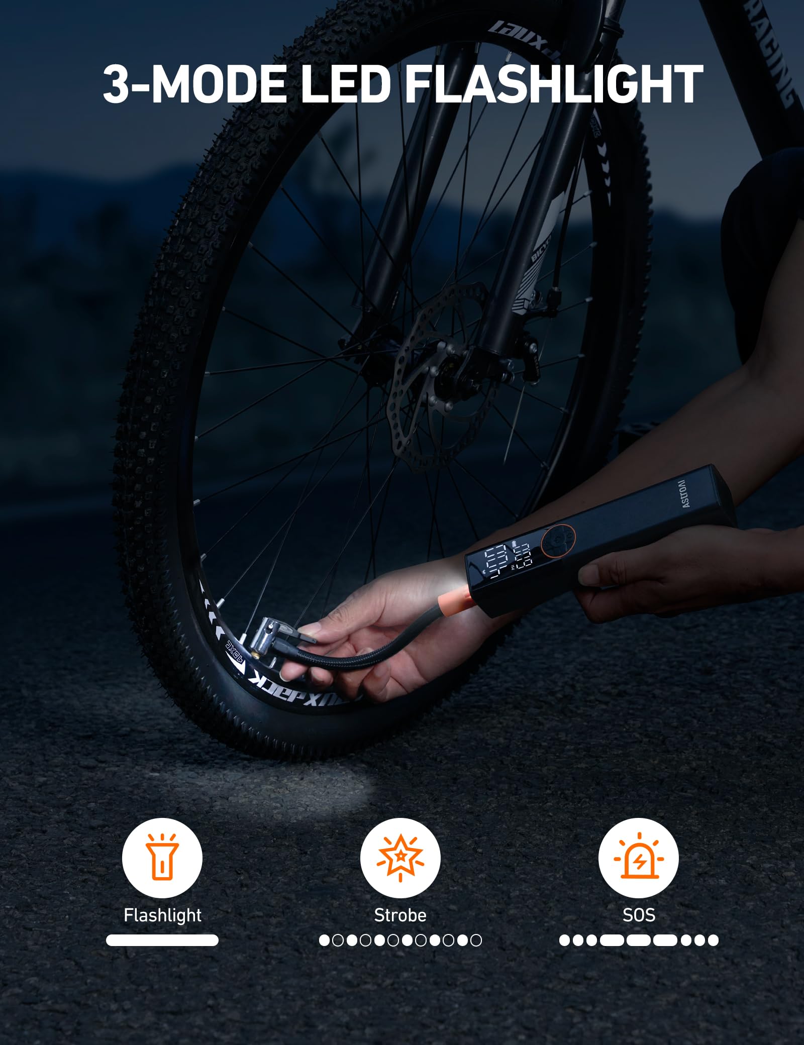 Pompa rowerowa AstroAI Elektryczna pompa powietrza, 150 PSI Mini przenośna pompa rowerowa na baterie, pasująca do wszystkich zaworów, silnik wysokiego napięcia specjalnie do rowerów
