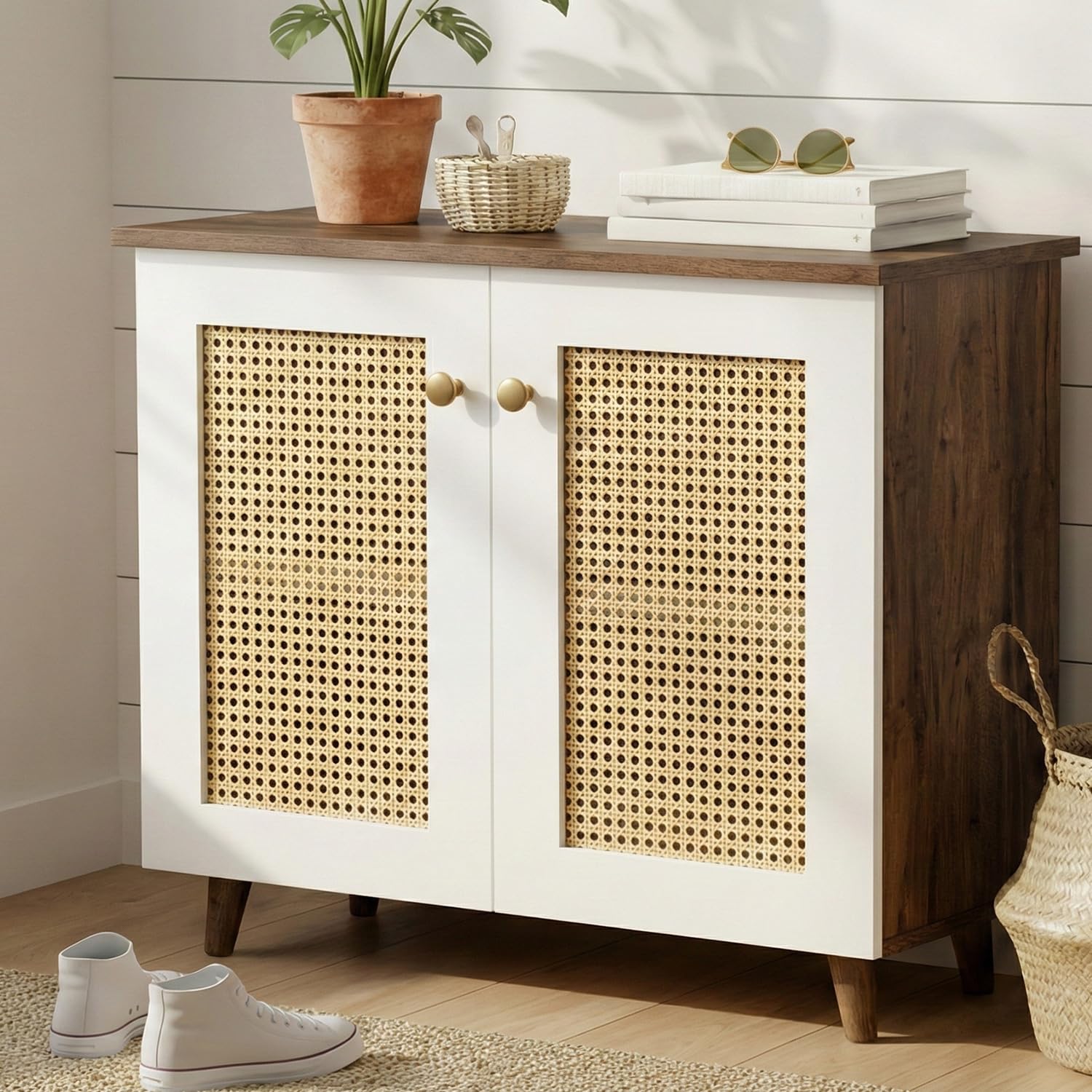 Roma 2-Door 3 Shelves Shoe Rack with Natural Cane/Rattan Engineered Wood (Walnut-MBR with White Door)-image-7
