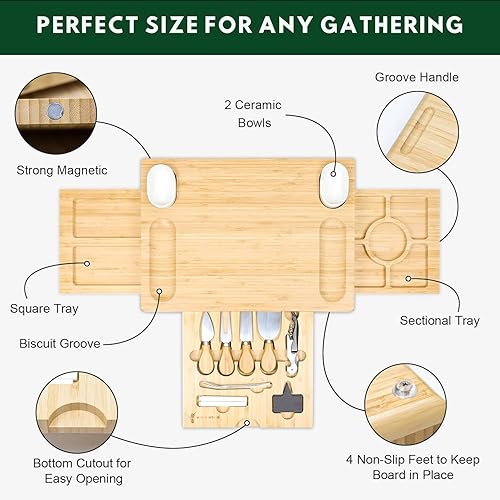 Miniatura 2 de Mosomboo Juego de tabla de queso de bambú de tres cajones y tabla de charcutería grande con bandejas para servir, nuevo hogar único, inauguración de