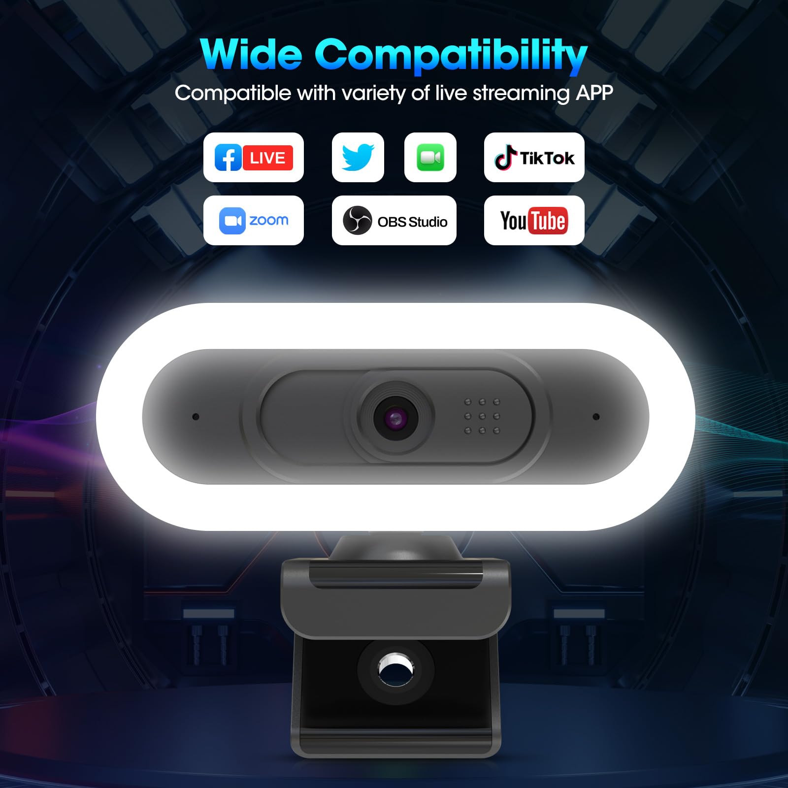 ToLuLu Cámara web RGB LED 2K 50FPS con micrófono y luz, cubierta de enfoque automático y trípode, cámara USB Plug and Play para juegos de PC/Mac y videollamadas